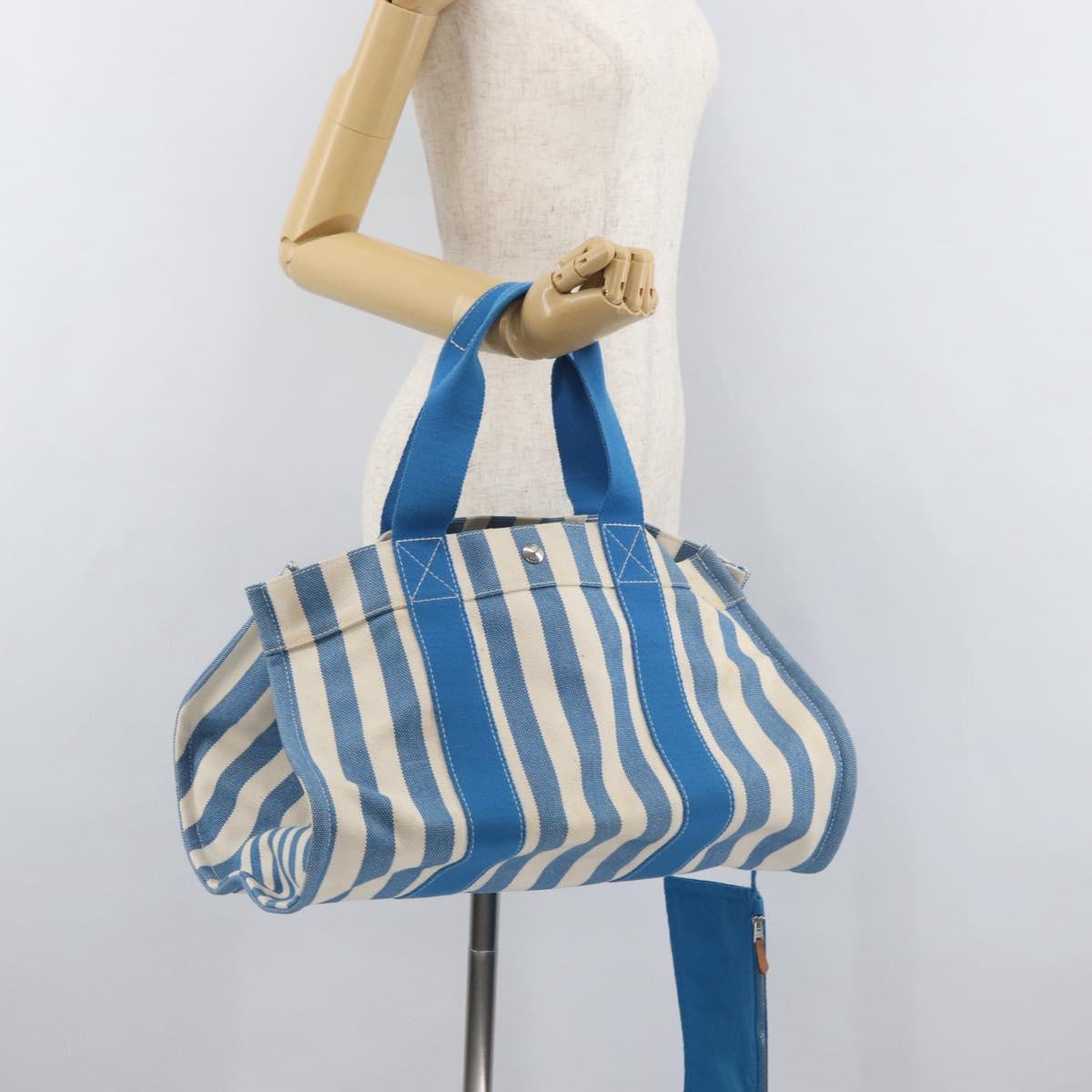 HERMES Cannes MM Hand Bag Canvas Blue Silver Auth 182782A