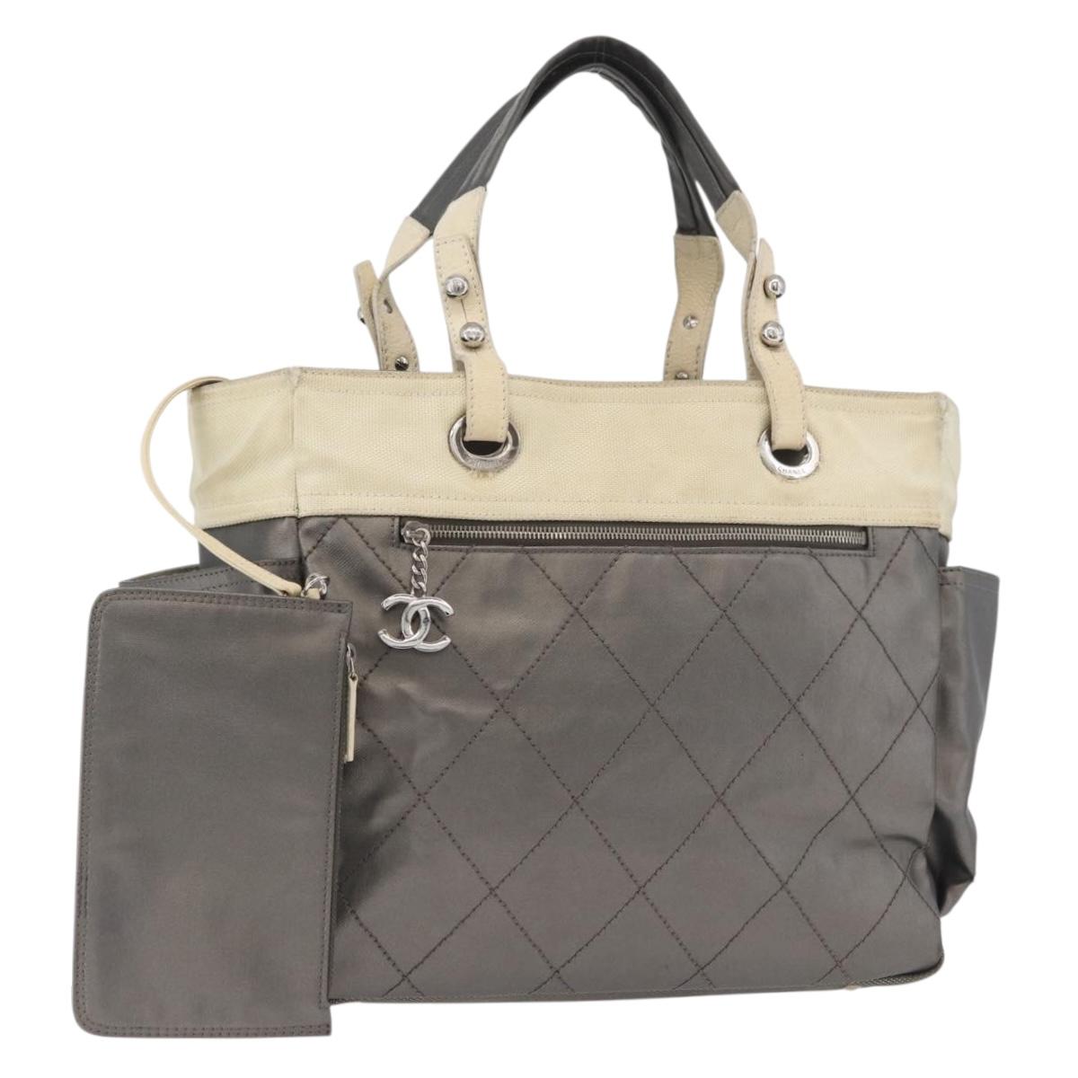 CHANEL Paris Biarritz MM Tote Bag Coated Canvas Silver CC Auth 182784