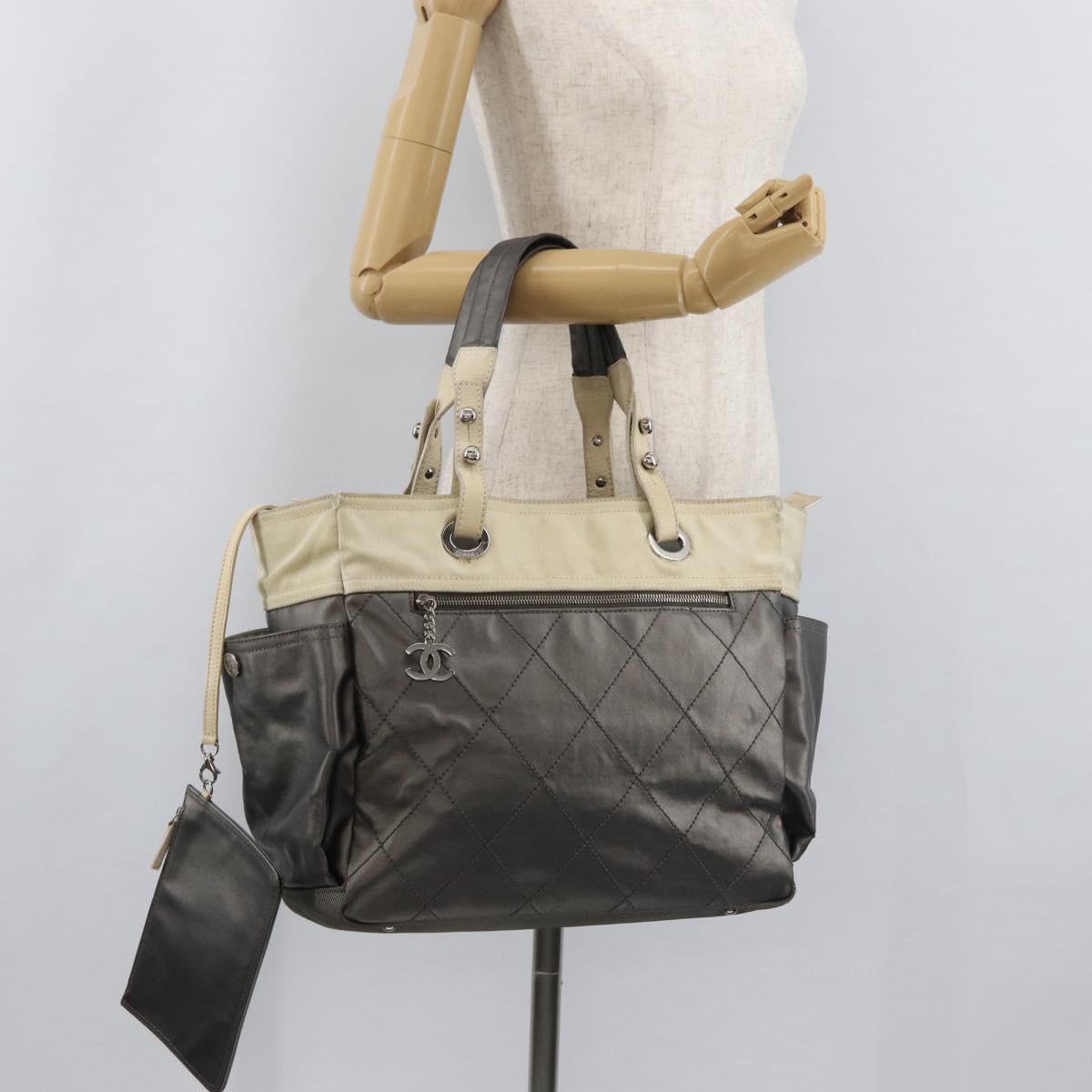 CHANEL Paris Biarritz MM Tote Bag Coated Canvas Silver CC Auth 182784