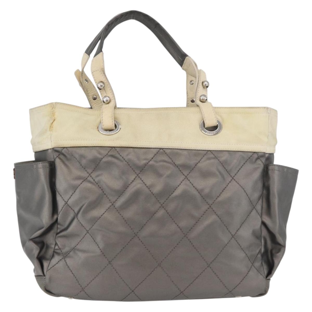 CHANEL Paris Biarritz MM Tote Bag Coated Canvas Silver CC Auth 182784