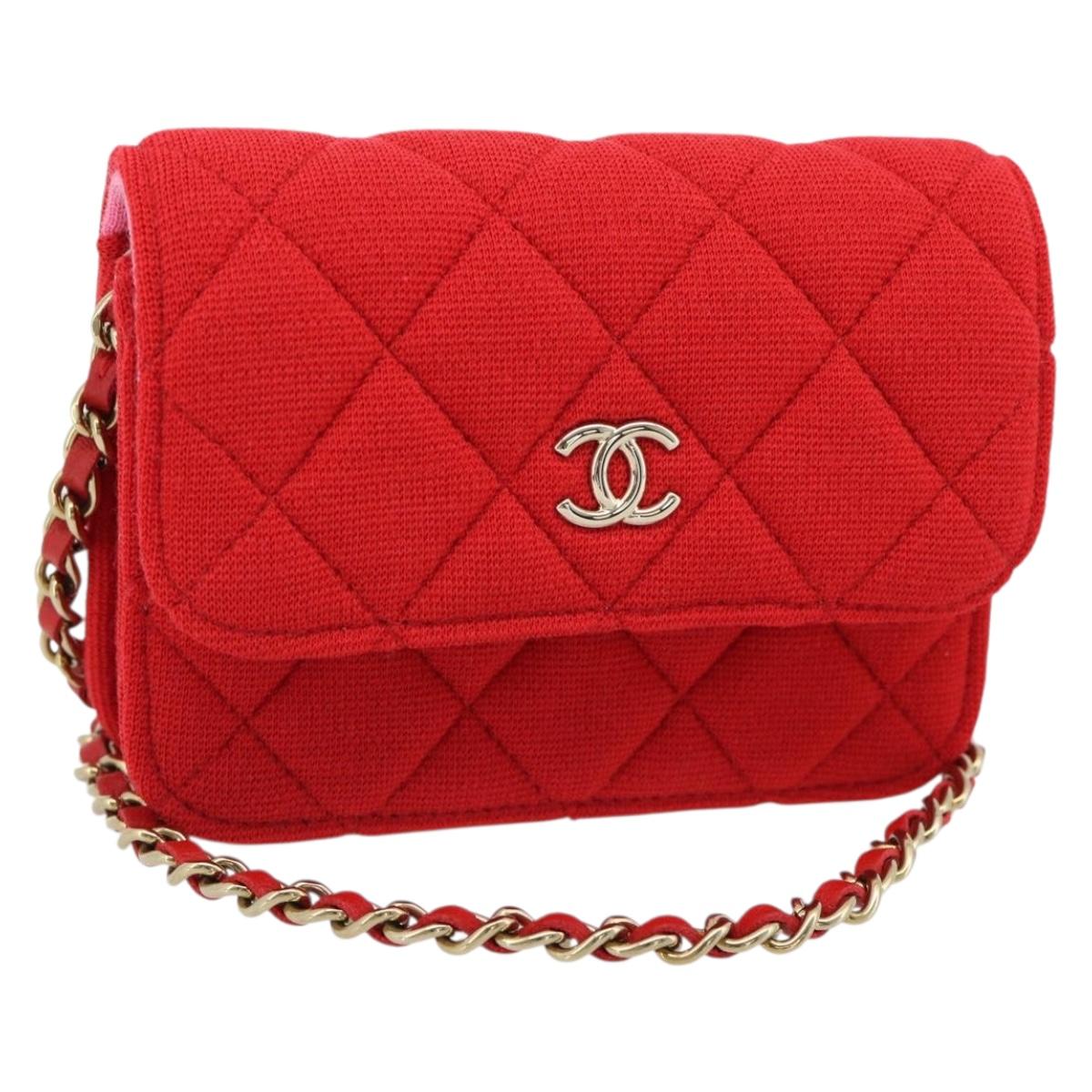 CHANEL Chain Mini Matelasse 12 Shoulder Bag Cotton Red Gold CC Auth 182786SM