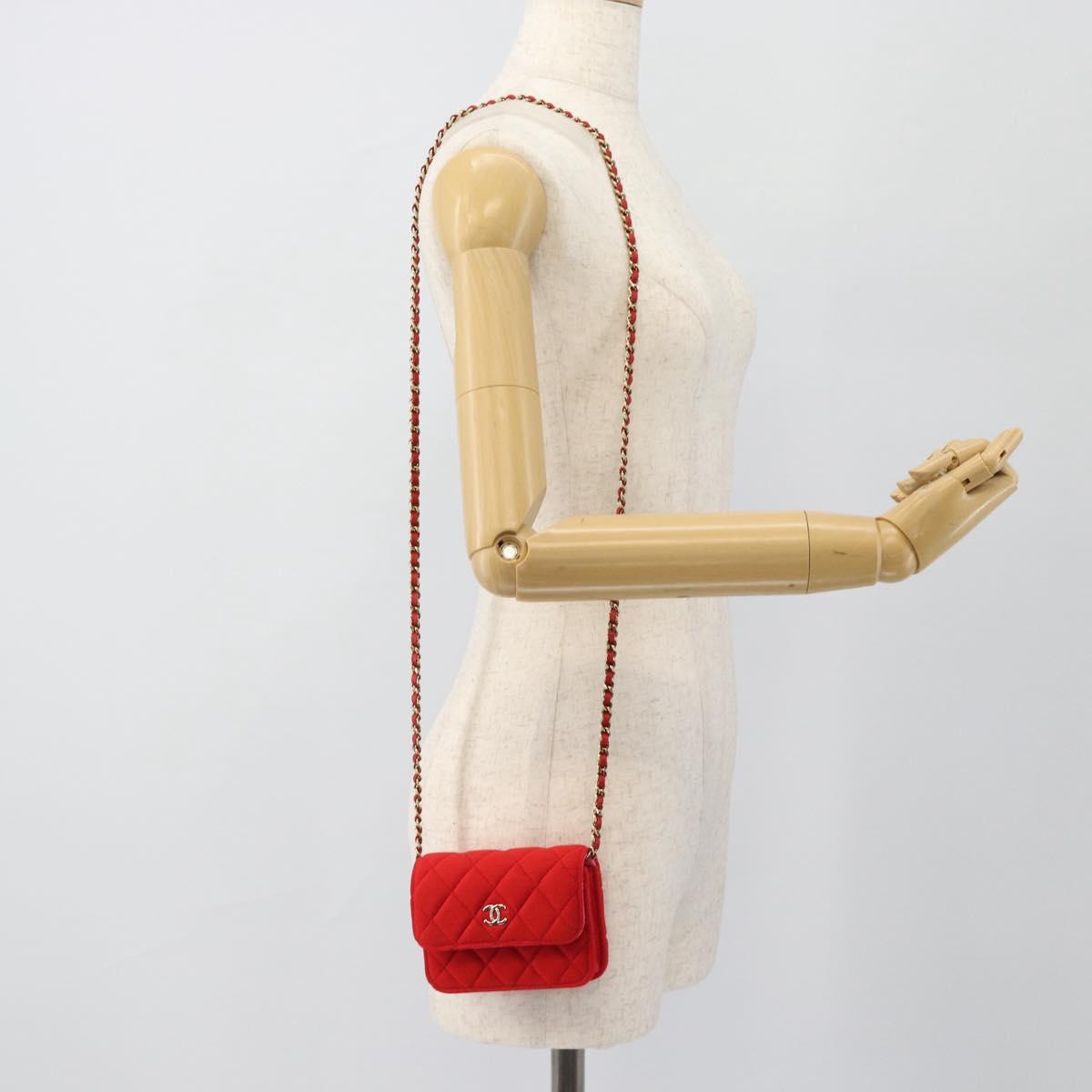 CHANEL Chain Mini Matelasse 12 Shoulder Bag Cotton Red Gold CC Auth 182786SM