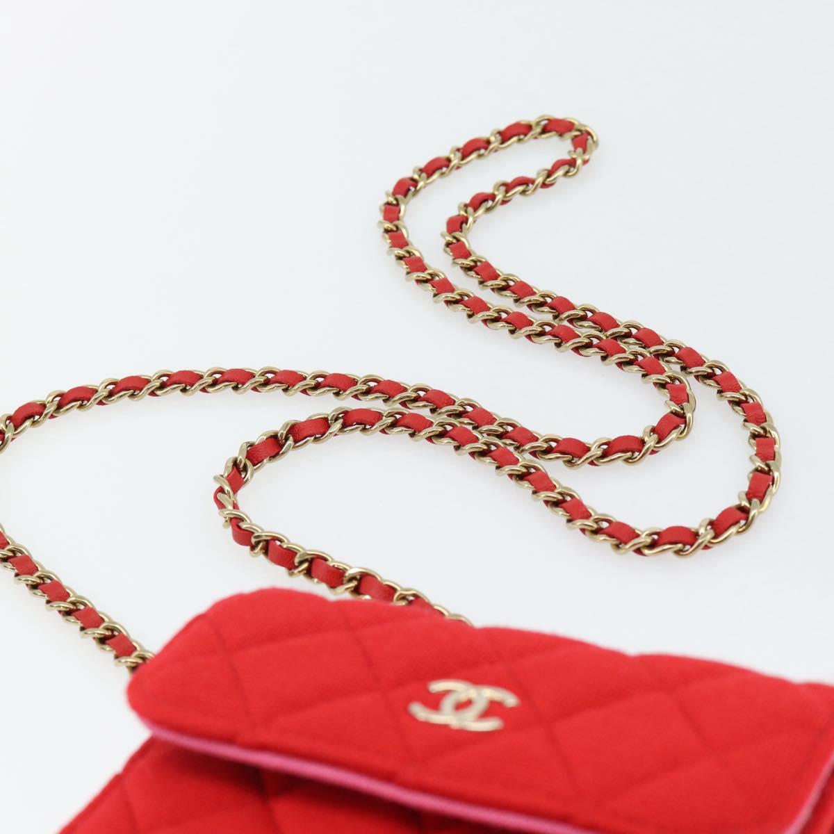CHANEL Chain Mini Matelasse 12 Shoulder Bag Cotton Red Gold CC Auth 182786SM