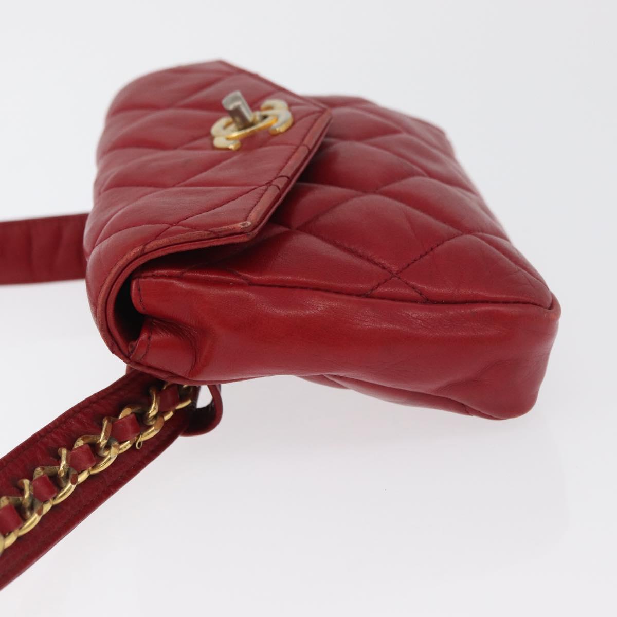 CHANEL Matelasse Waist bag Lamb Skin Red Gold CC Auth 182788