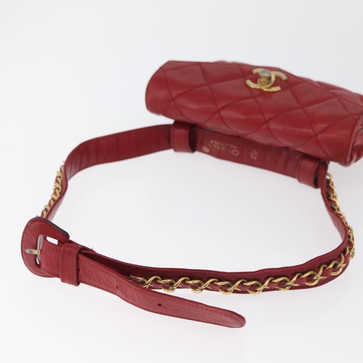CHANEL Matelasse Waist bag Lamb Skin Red Gold CC Auth 182788