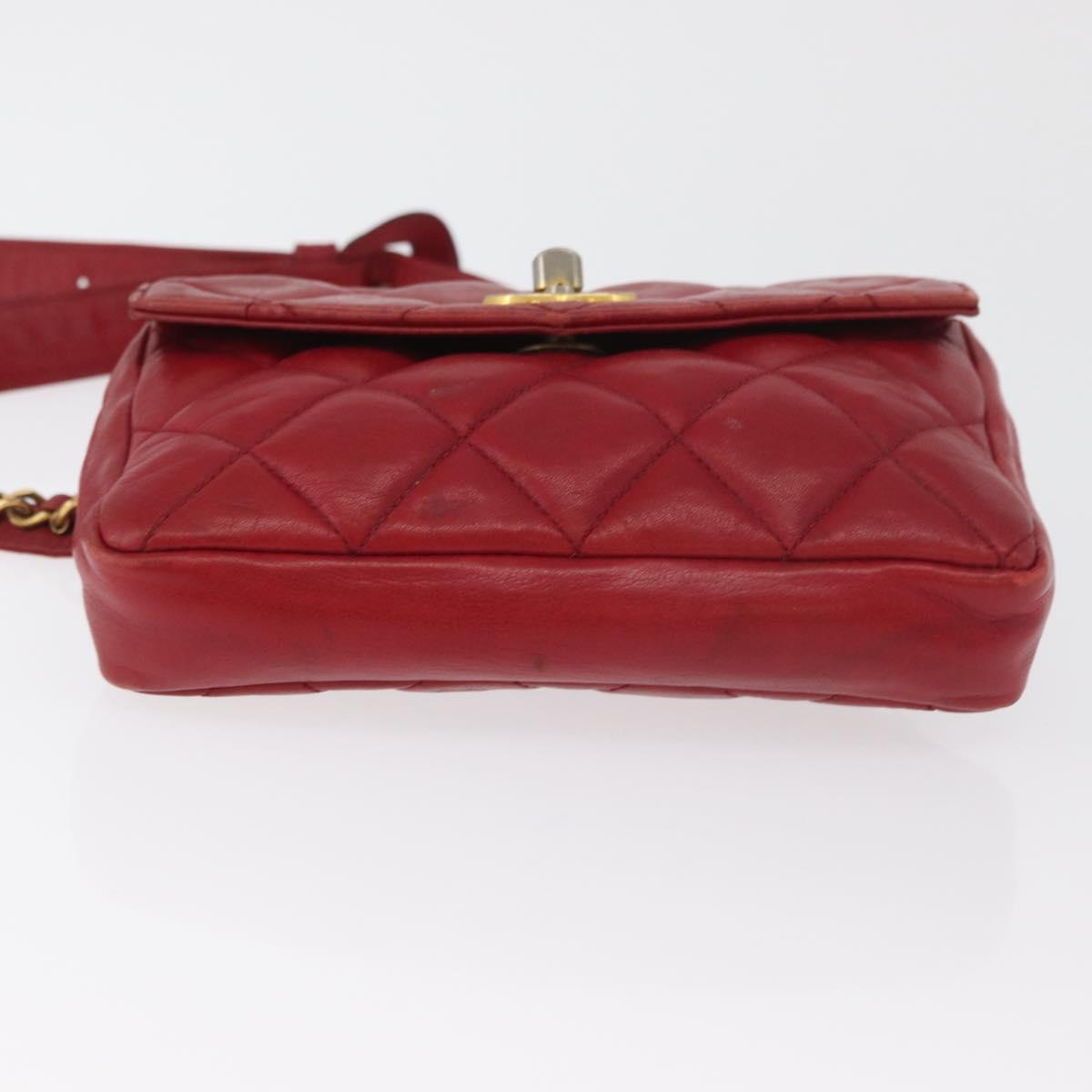 CHANEL Matelasse Waist bag Lamb Skin Red Gold CC Auth 182788