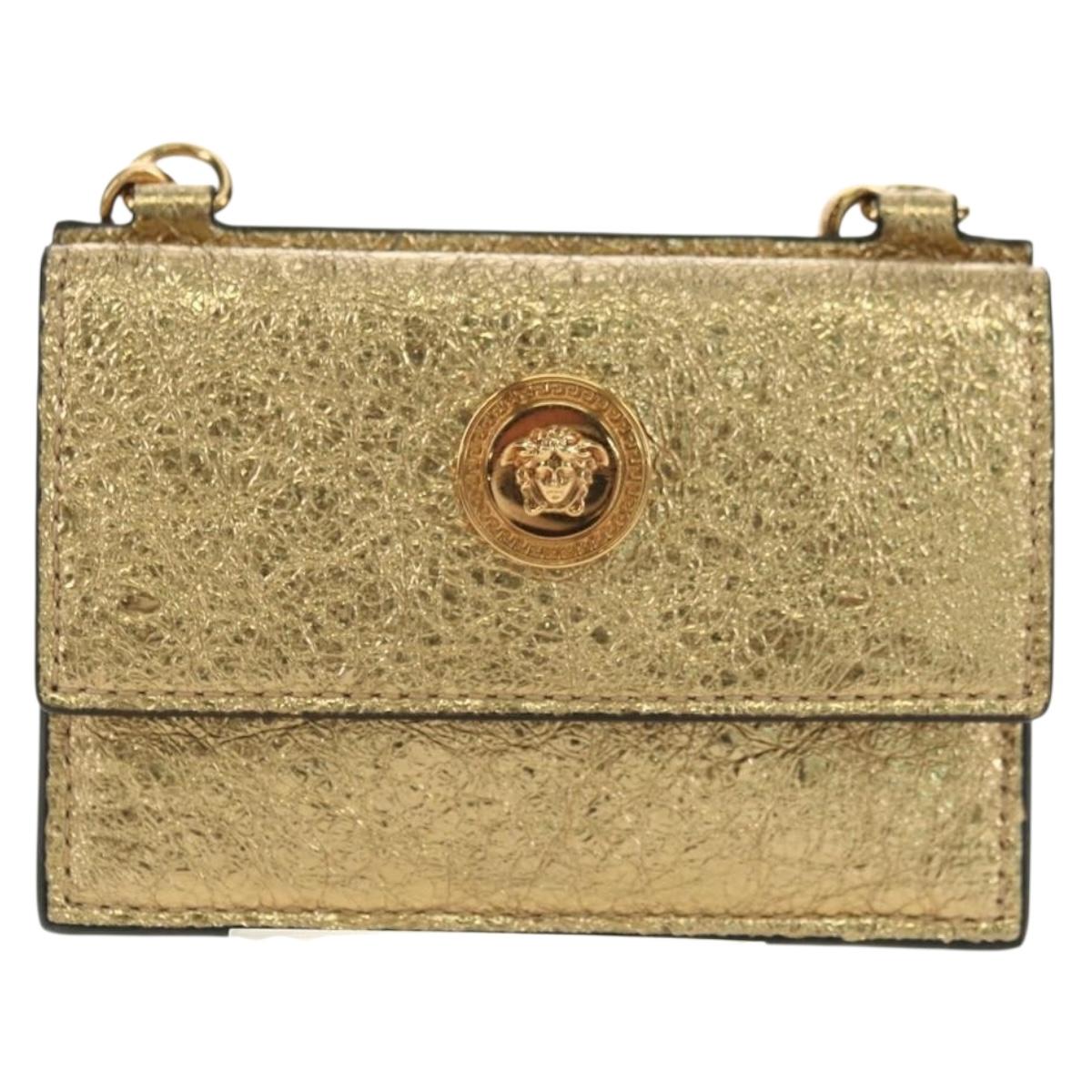 VERSACE Chain Shoulder Pouch Card Case Leather Gold Auth 182790V