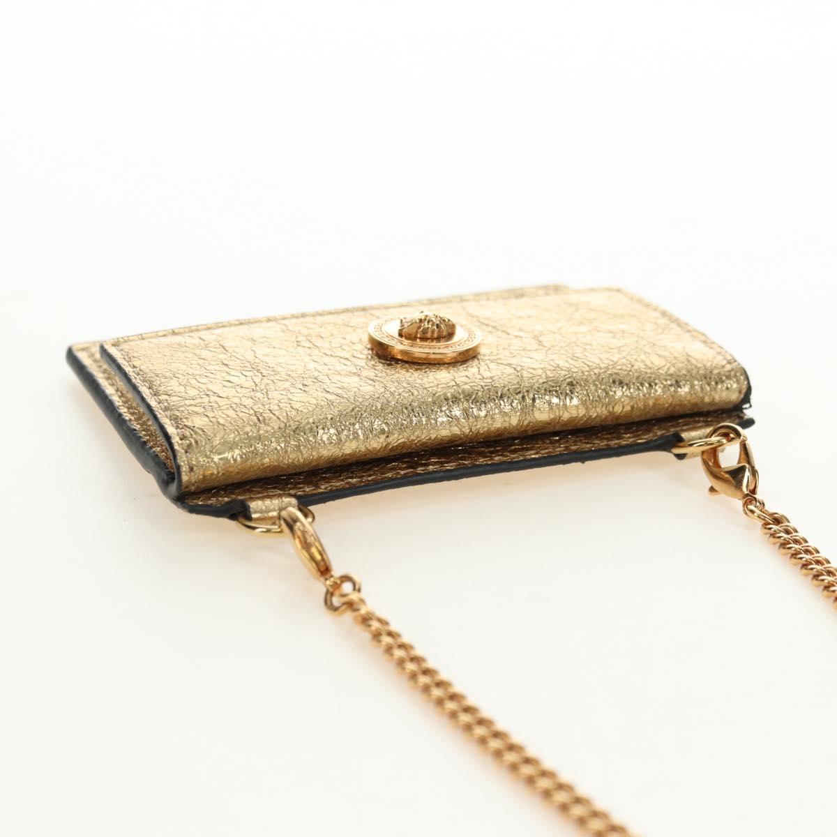 VERSACE Chain Shoulder Pouch Card Case Leather Gold Auth 182790V