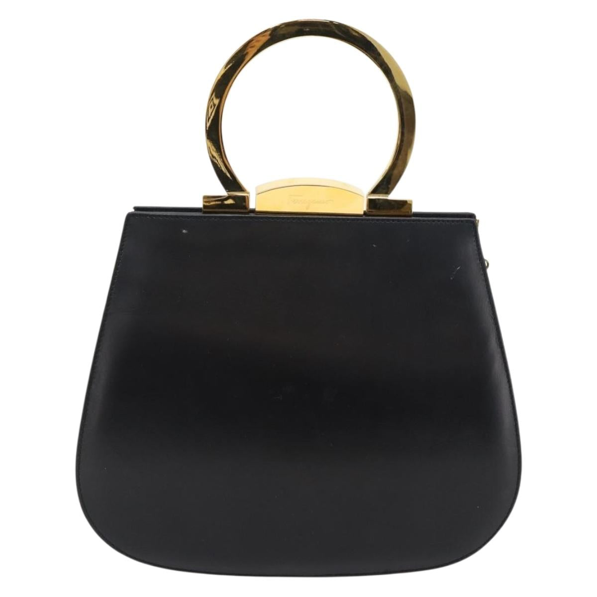 Salvatore Ferragamo Gancini Hand Bag Leather 2way Black Gold Auth 182803A