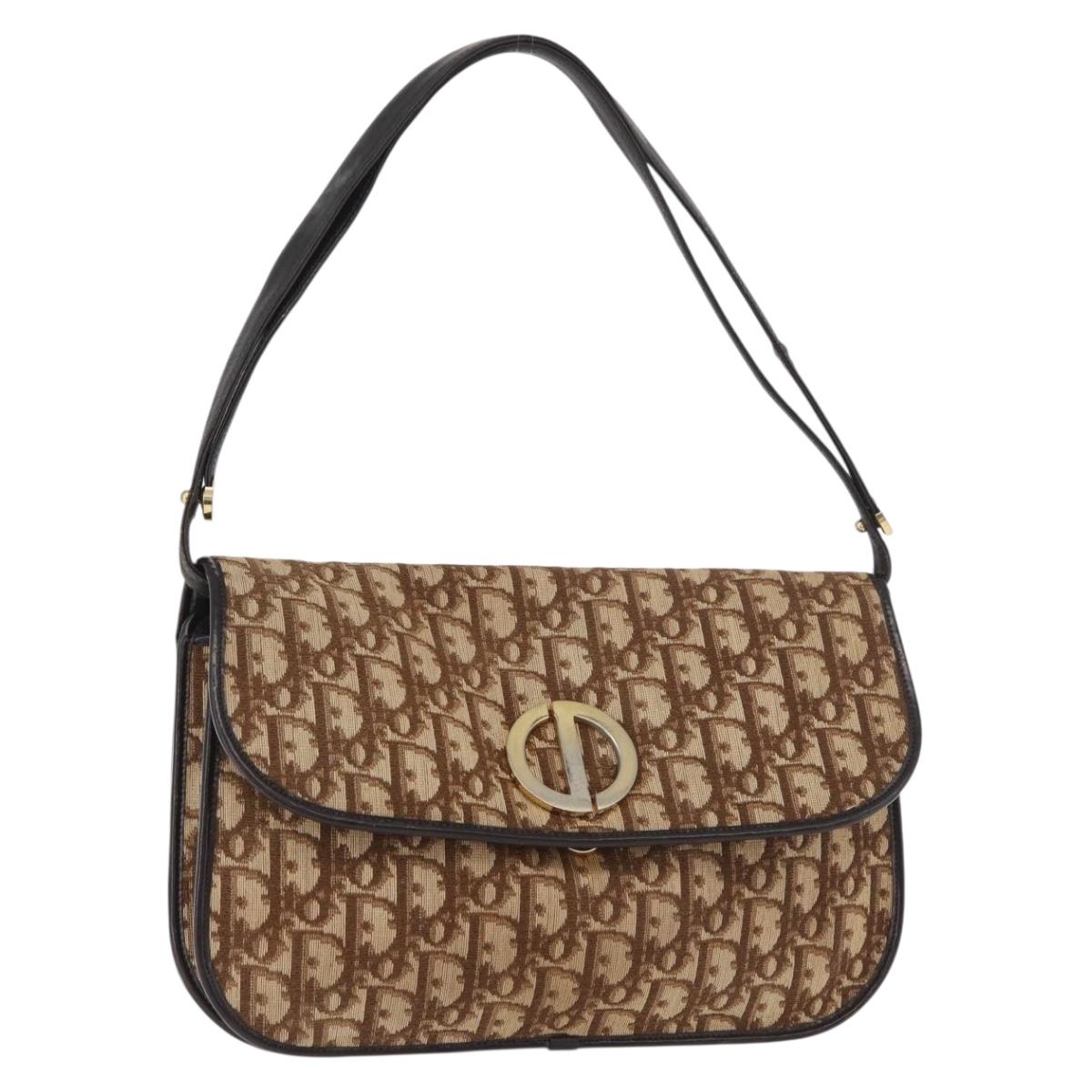 Christian Dior Trotter Canvas Shoulder Bag Beige Gold Auth 182811