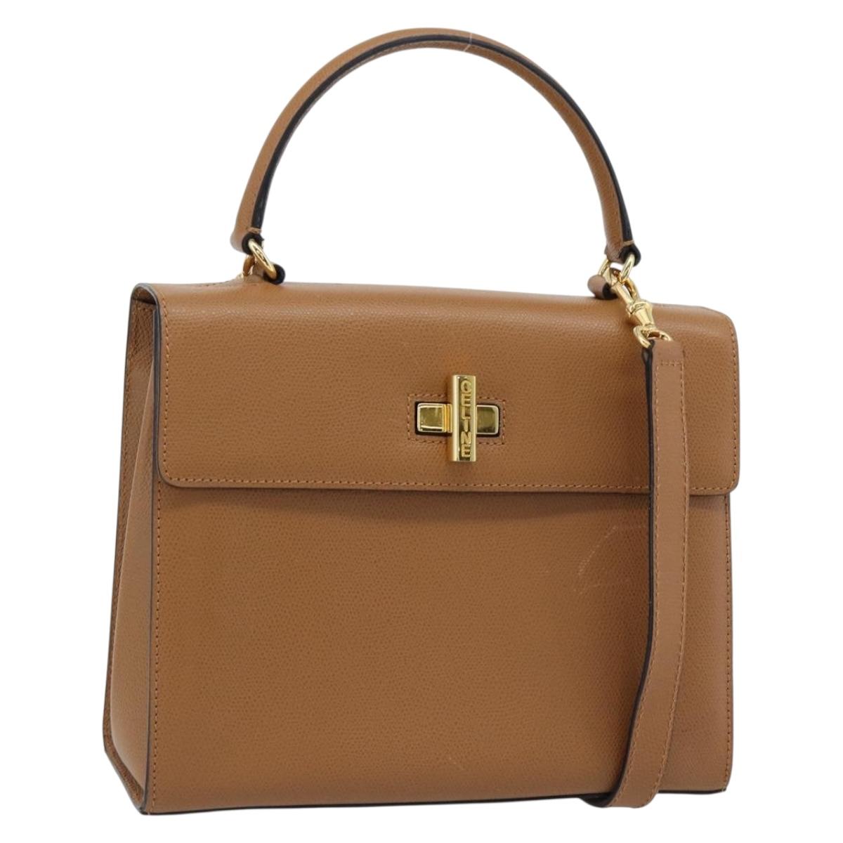 CELINE Hand Bag Leather 2way Brown Gold Auth 182814