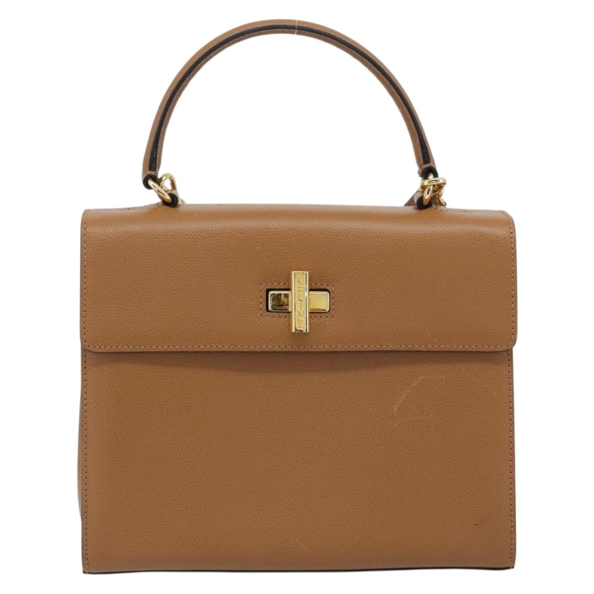 CELINE Hand Bag Leather 2way Brown Gold Auth 182814