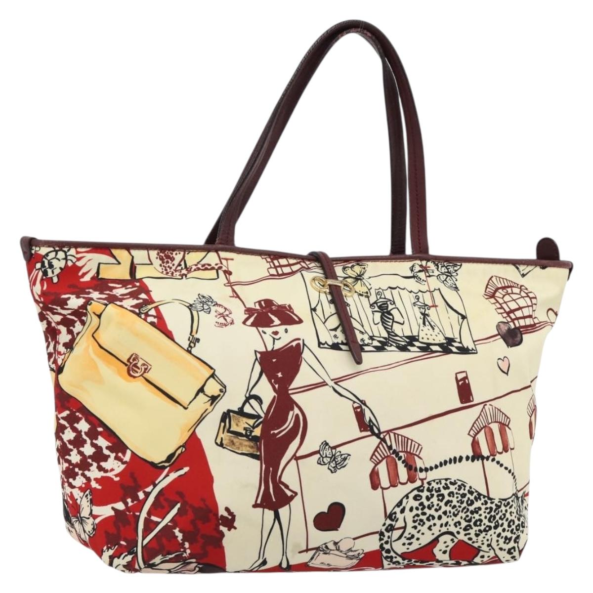 Salvatore Ferragamo Gancini Tote Bag Canvas Gold Bordeaux Auth 182865