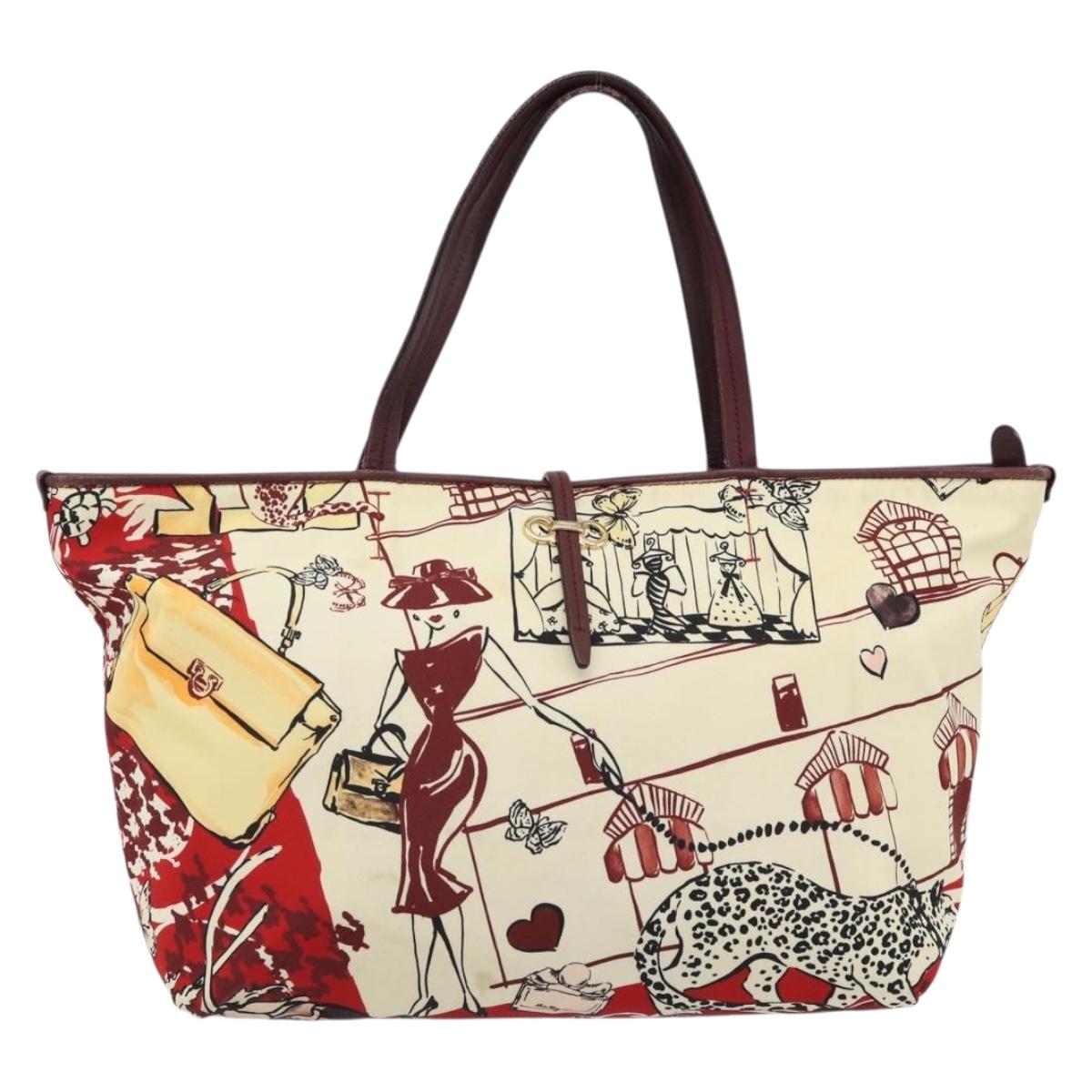 Salvatore Ferragamo Gancini Tote Bag Canvas Gold Bordeaux Auth 182865