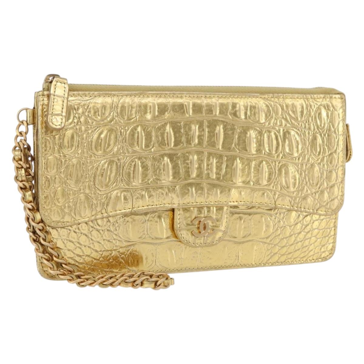 CHANEL COCO Mark Clutch Bag Calf Skin Gold CC Auth 182873SAM