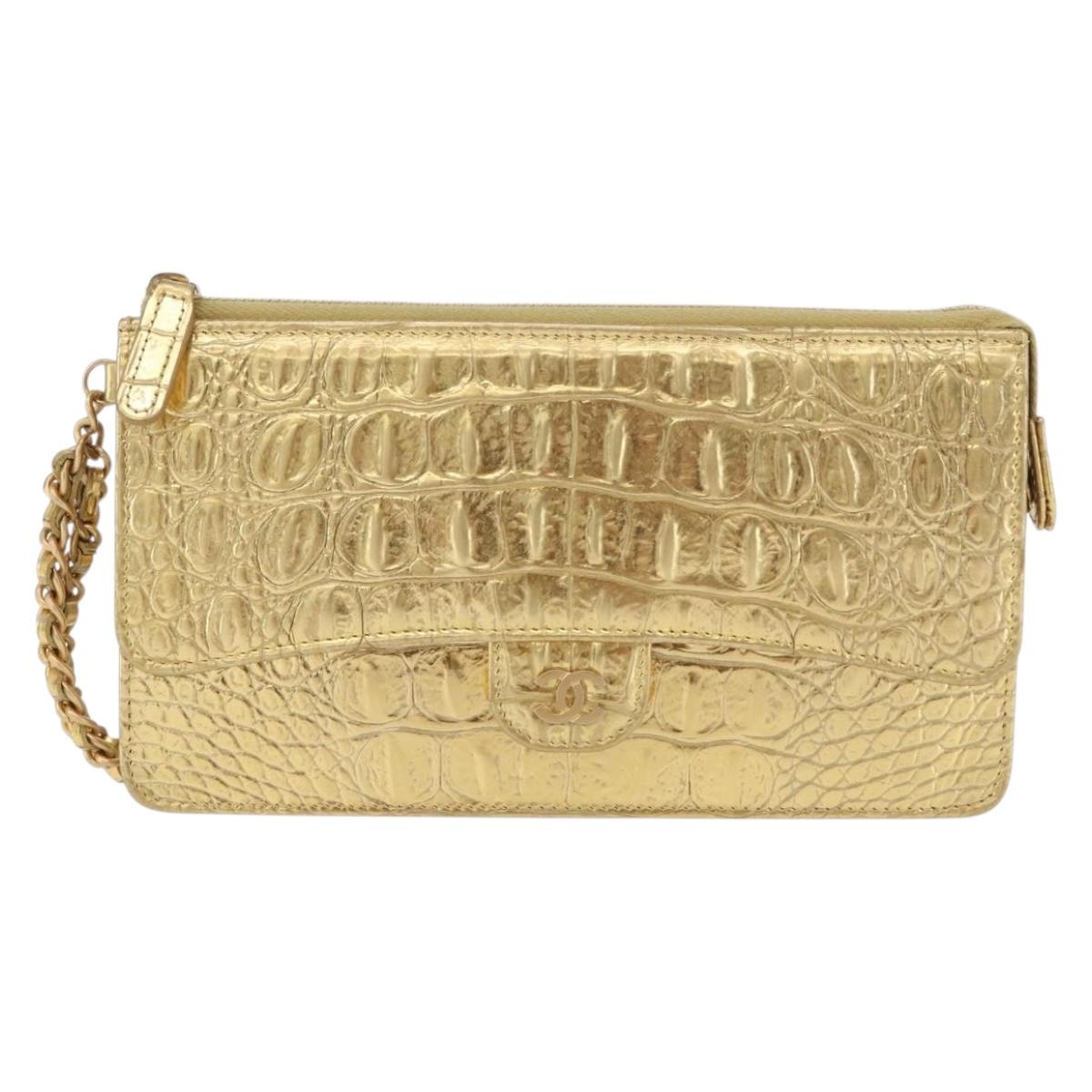 CHANEL COCO Mark Clutch Bag Calf Skin Gold CC Auth 182873SAM