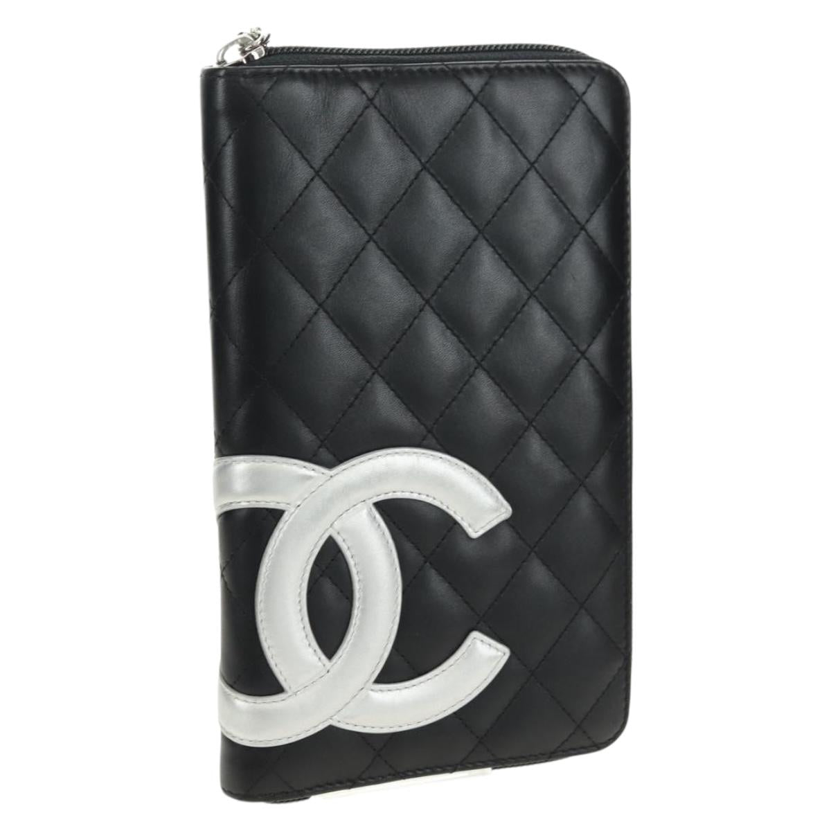 CHANEL Matelasse Cambon Line Wallet Leather Black Silver CC Auth 182878M