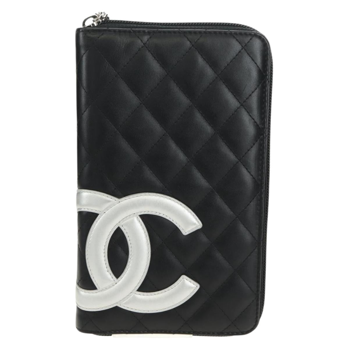 CHANEL Matelasse Cambon Line Wallet Leather Black Silver CC Auth 182878M