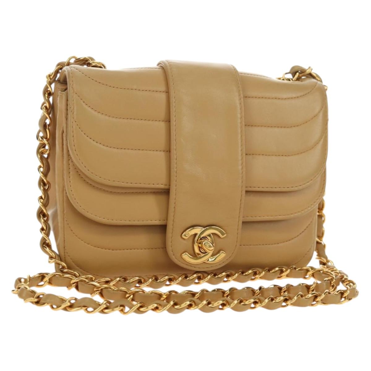 CHANEL Chain Shoulder Bag Lamb Skin Beige Gold CC Auth 182904SAV