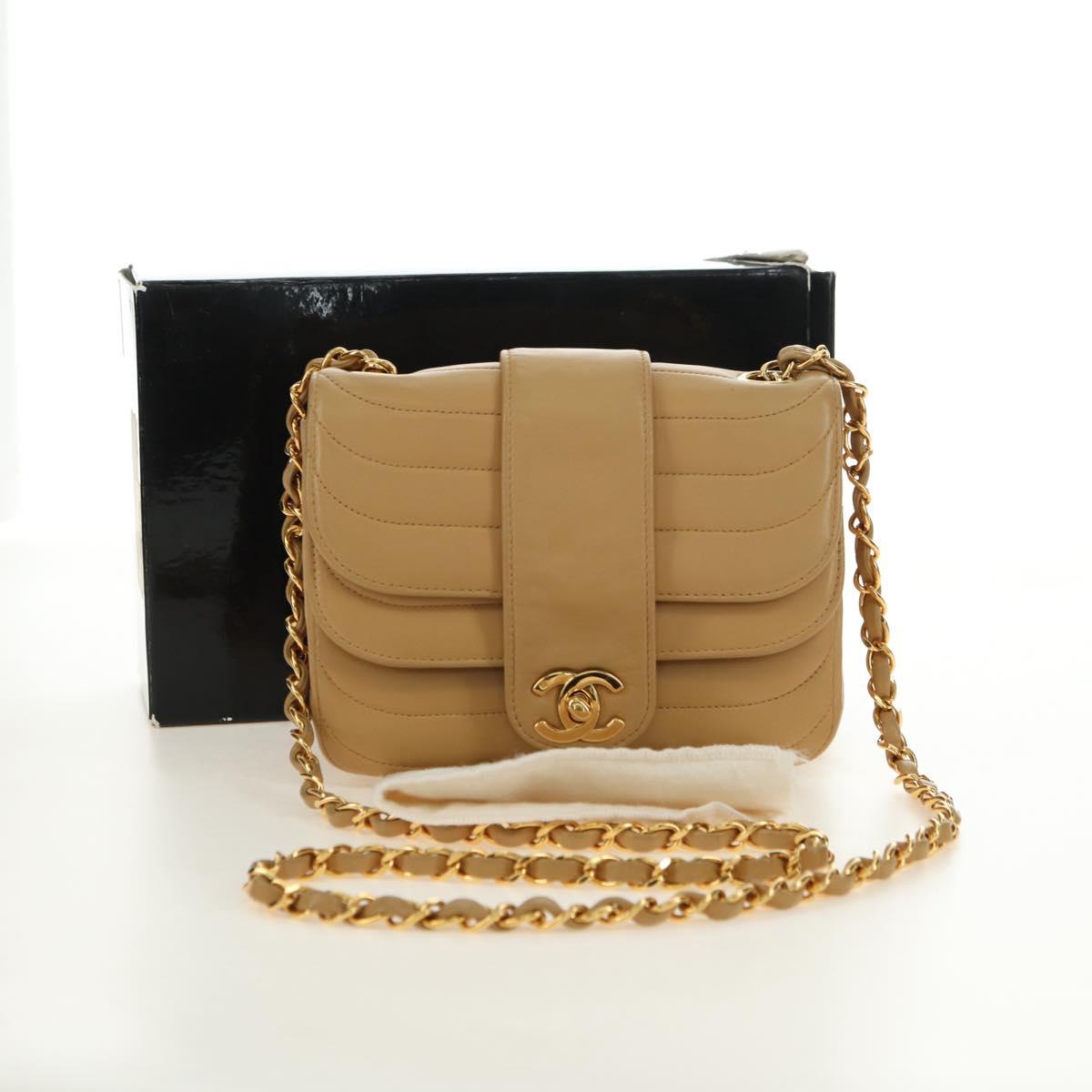 CHANEL Chain Shoulder Bag Lamb Skin Beige Gold CC Auth 182904SAV