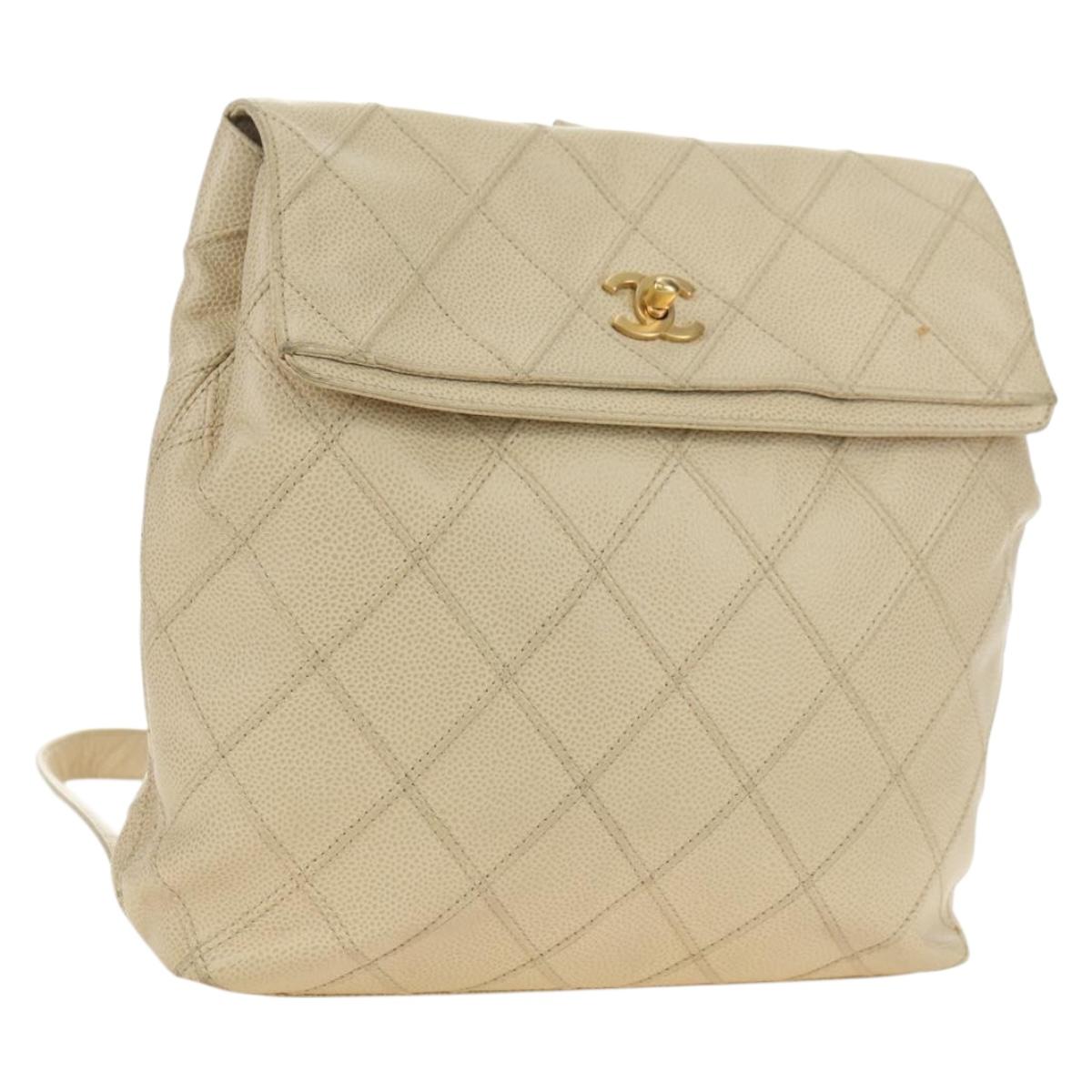 CHANEL Bicolore Backpack Caviar Skin Beige Gold CC Auth 182907V