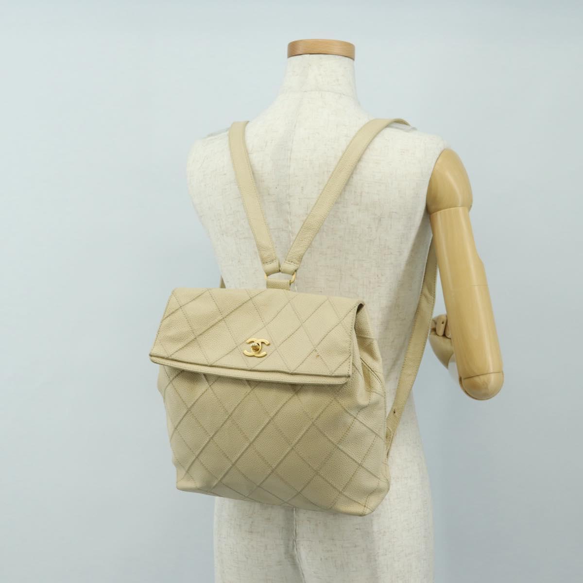 CHANEL Bicolore Backpack Caviar Skin Beige Gold CC Auth 182907V