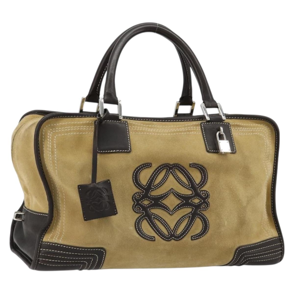 LOEWE Anagram Amazona 36 Hand Bag Suede Leather Beige Gold Auth 182921A
