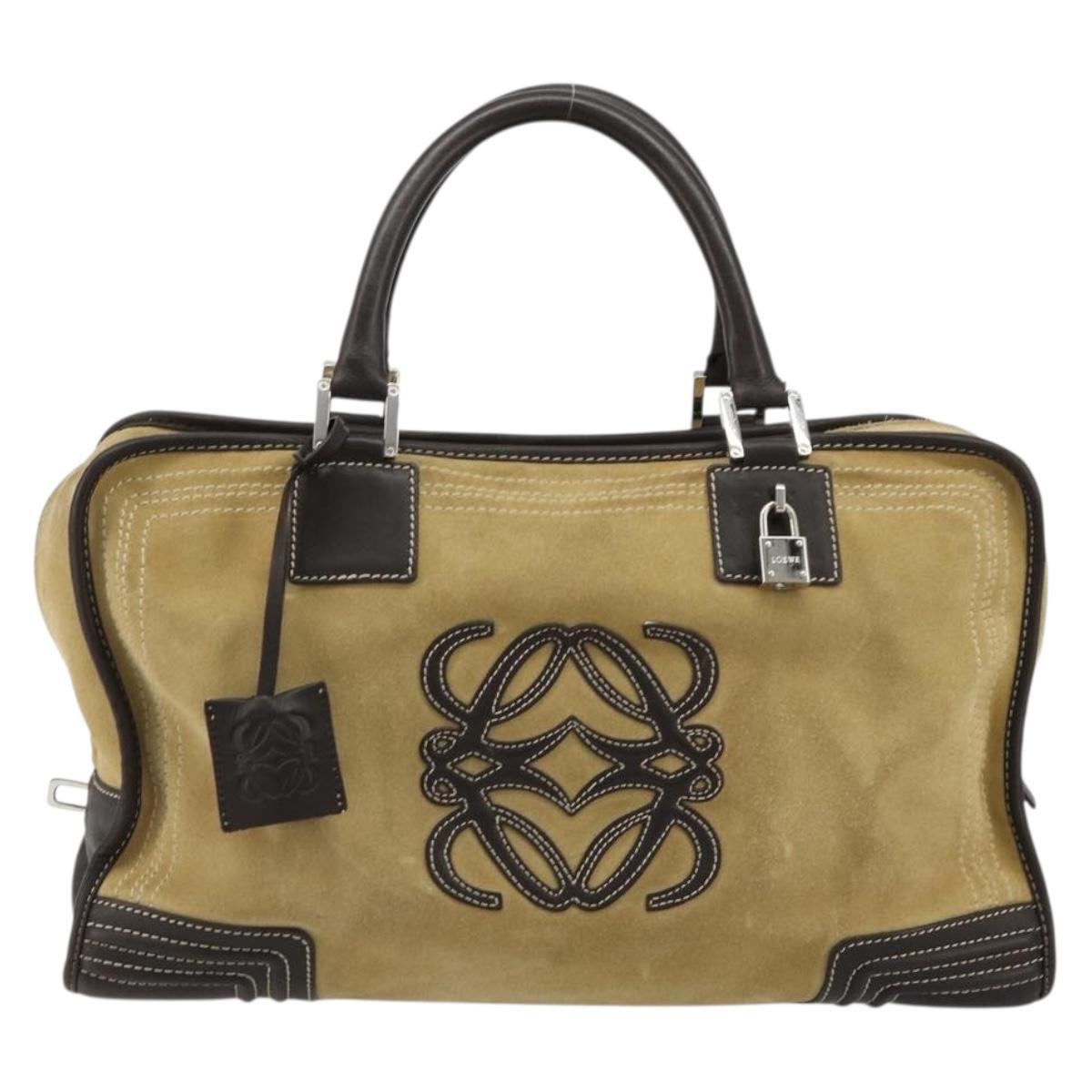 LOEWE Anagram Amazona 36 Hand Bag Suede Leather Beige Gold Auth 182921A