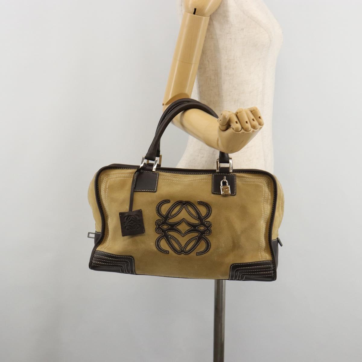 LOEWE Anagram Amazona 36 Hand Bag Suede Leather Beige Gold Auth 182921A