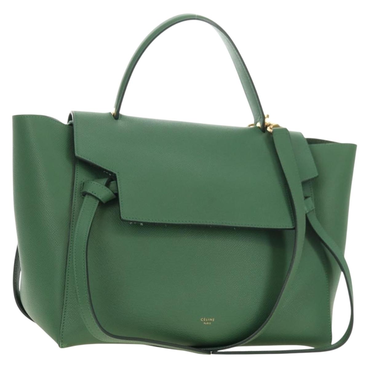 CELINE Mini Belt Hand Bag Leather 2way Green Gold Auth 182924M