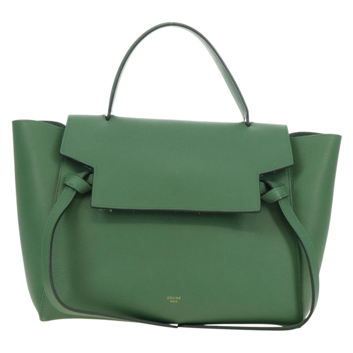 CELINE Mini Belt Hand Bag Leather 2way Green Gold Auth 182924M