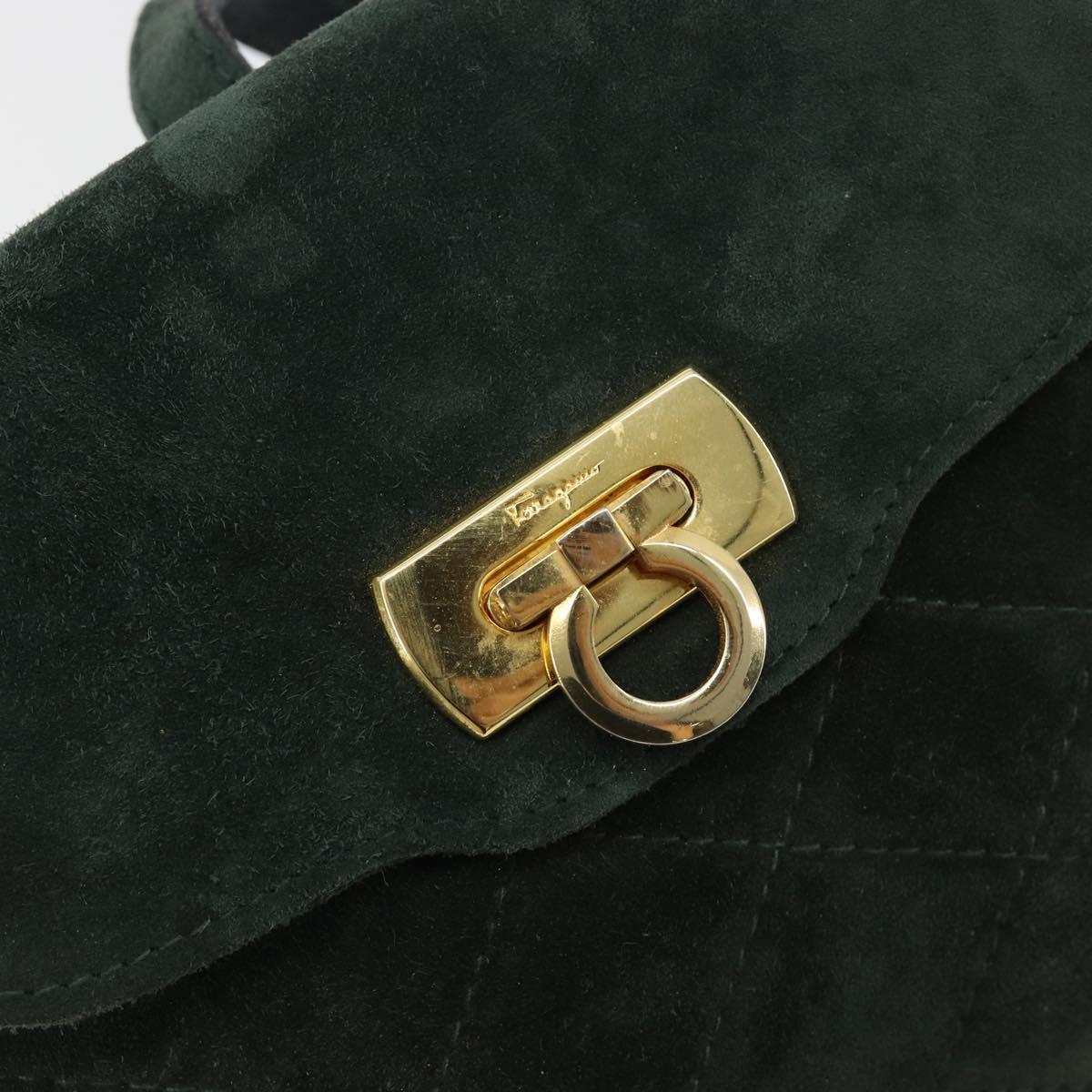 Salvatore Ferragamo Gancini Hand Bag Suede Green Gold Auth 182928