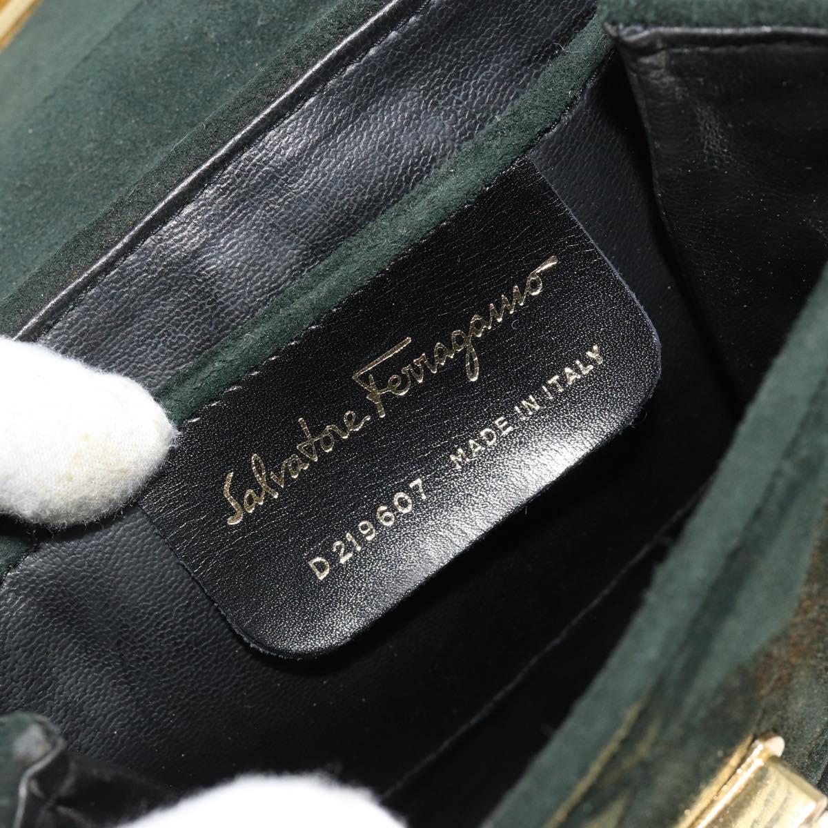 Salvatore Ferragamo Gancini Hand Bag Suede Green Gold Auth 182928