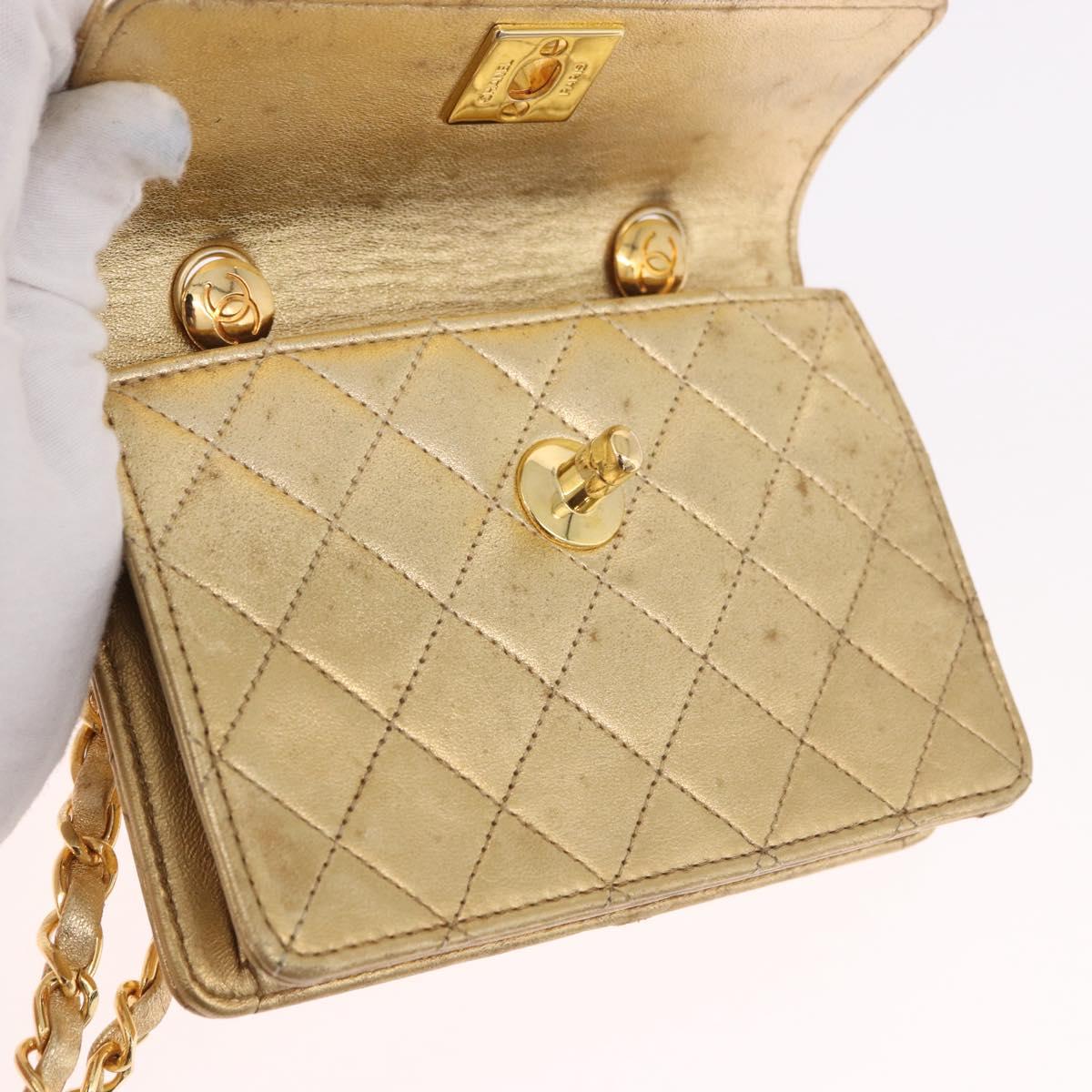 CHANEL Matelasse Chain Shoulder Bag Lamb Skin Gold CC Auth 182936M