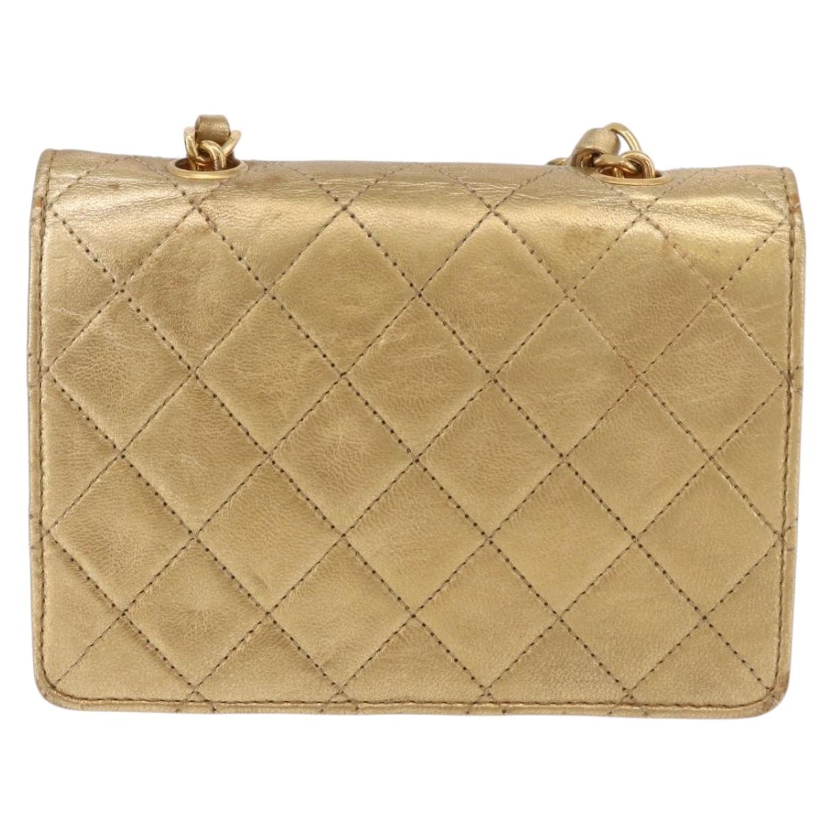 CHANEL Matelasse Chain Shoulder Bag Lamb Skin Gold CC Auth 182936M