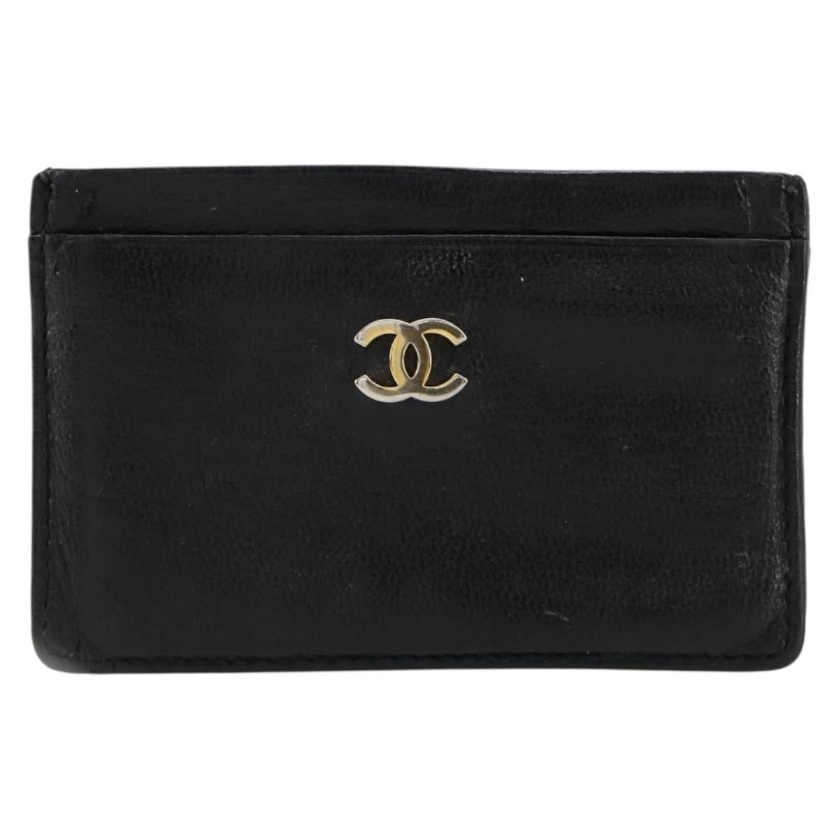 CHANEL Card Case Leather Black CC Auth 182939