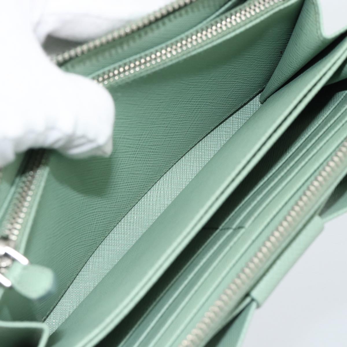PRADA Ribbon Long Wallet Saffiano leather Green Silver Auth 182941SAM