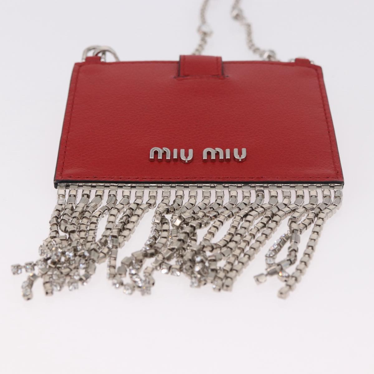 Miu Miu Chain Shoulder Card Case Leather Red Silver Auth 182957SM