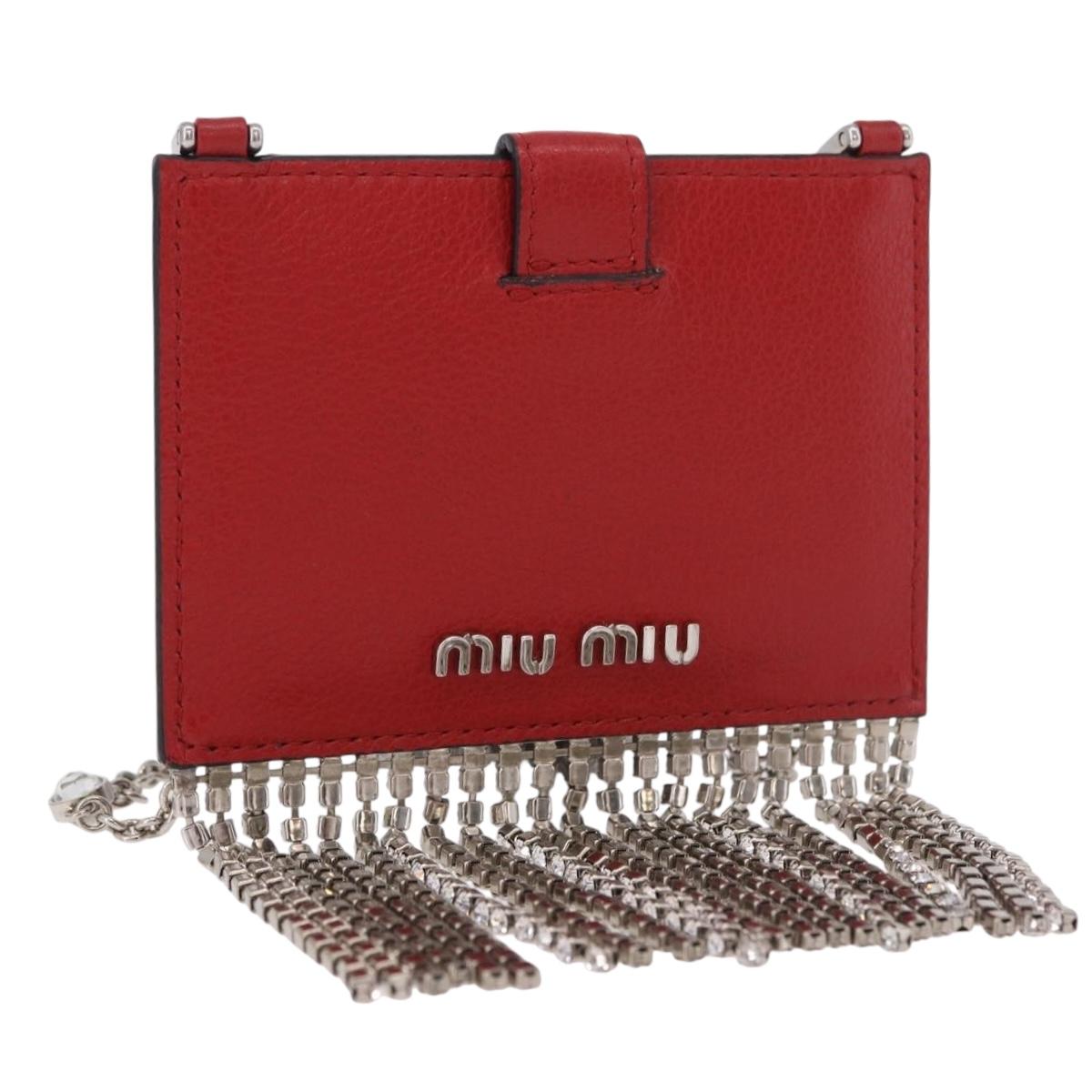 Miu Miu Chain Shoulder Card Case Leather Red Silver Auth 182957SM