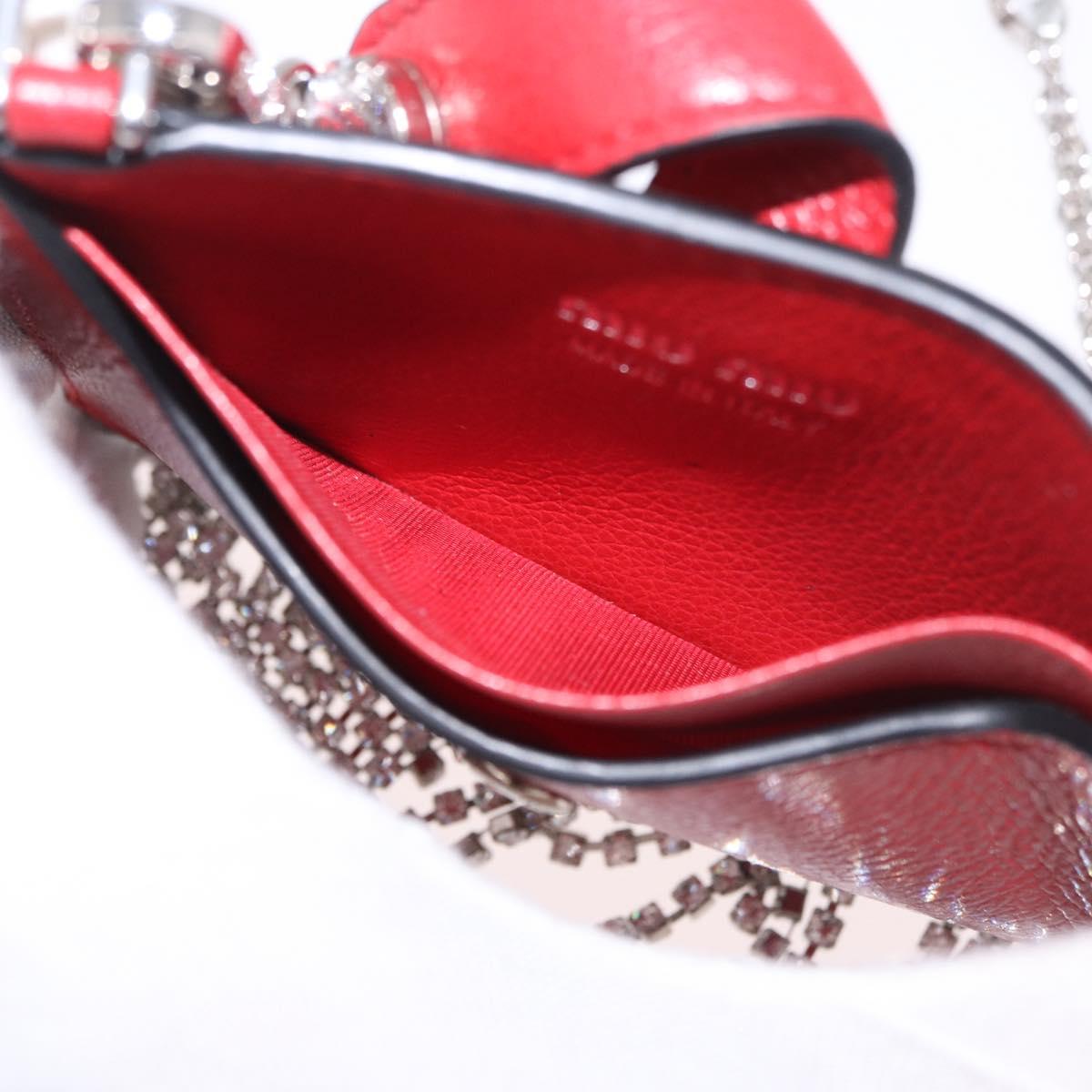 Miu Miu Chain Shoulder Card Case Leather Red Silver Auth 182957SM