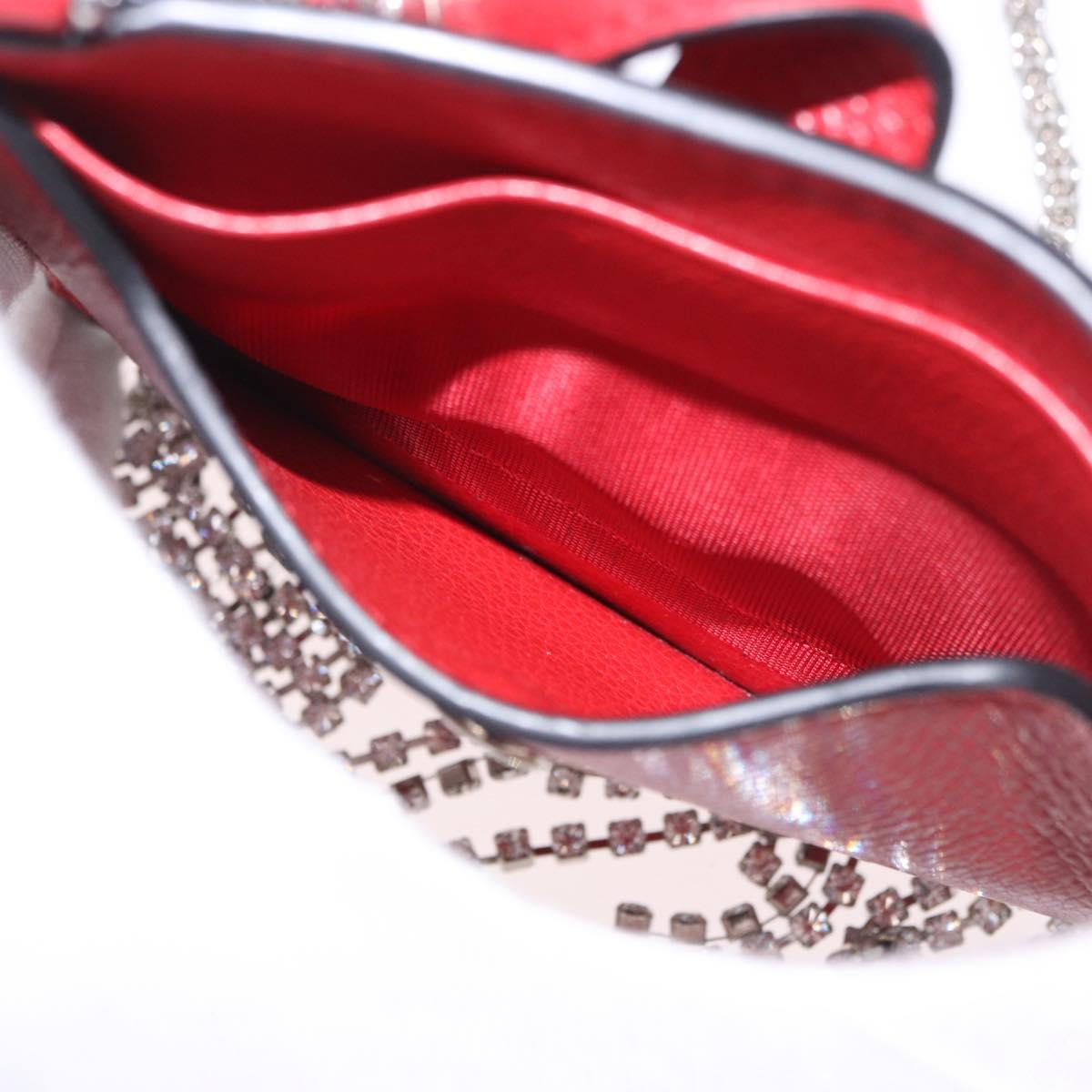 Miu Miu Chain Shoulder Card Case Leather Red Silver Auth 182957SM