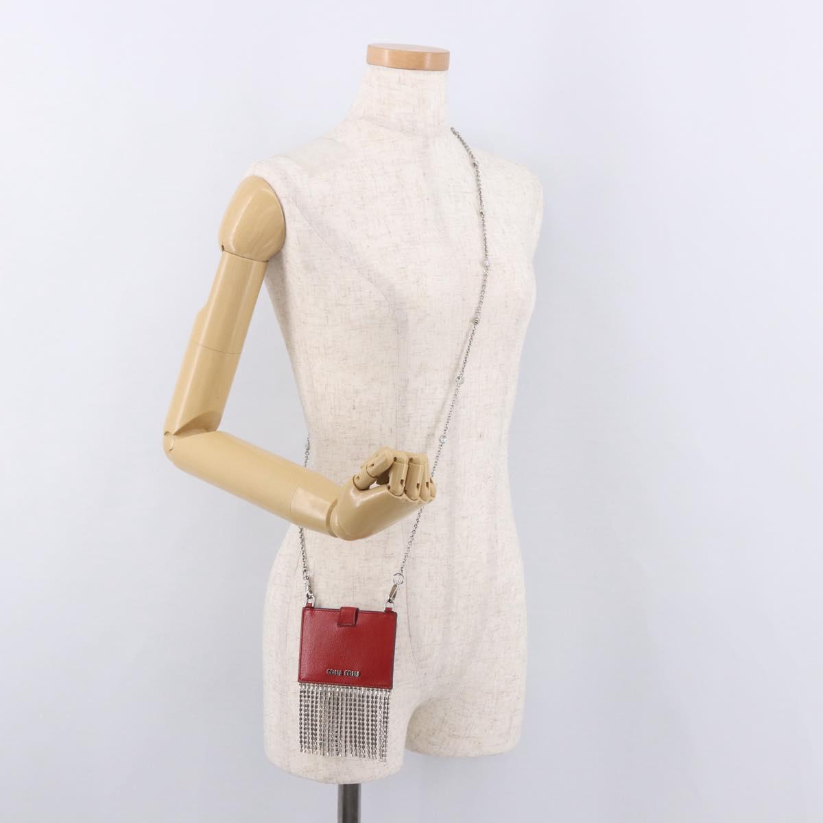 Miu Miu Chain Shoulder Card Case Leather Red Silver Auth 182957SM