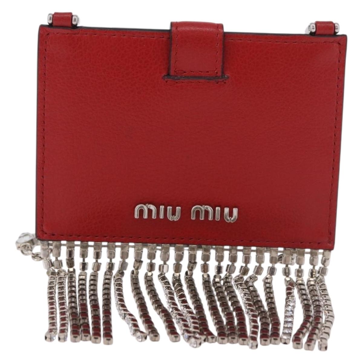 Miu Miu Chain Shoulder Card Case Leather Red Silver Auth 182957SM