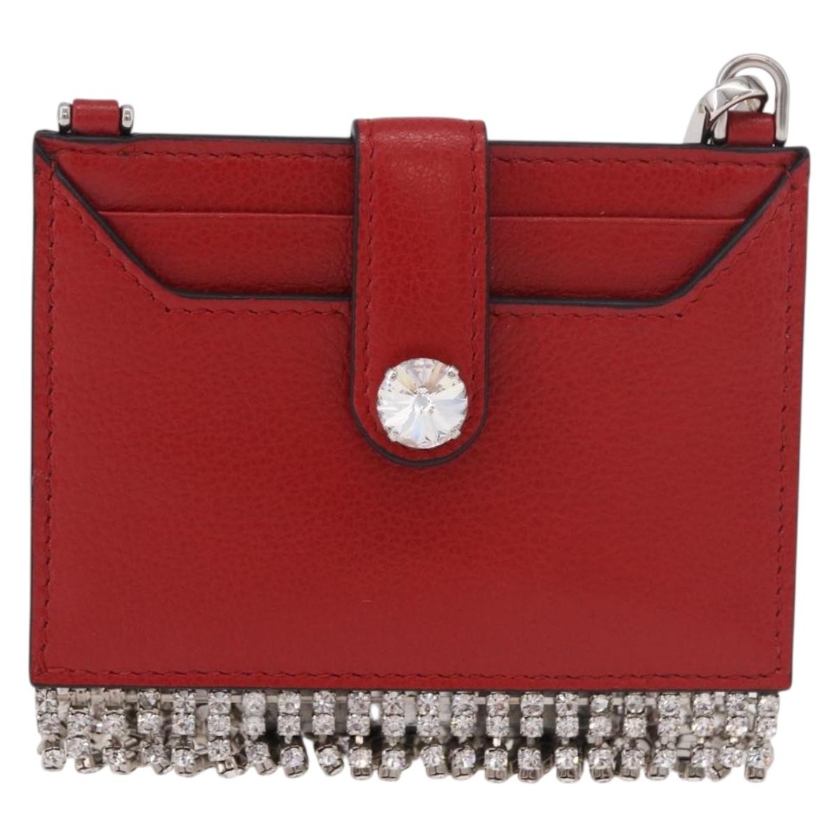 Miu Miu Chain Shoulder Card Case Leather Red Silver Auth 182957SM