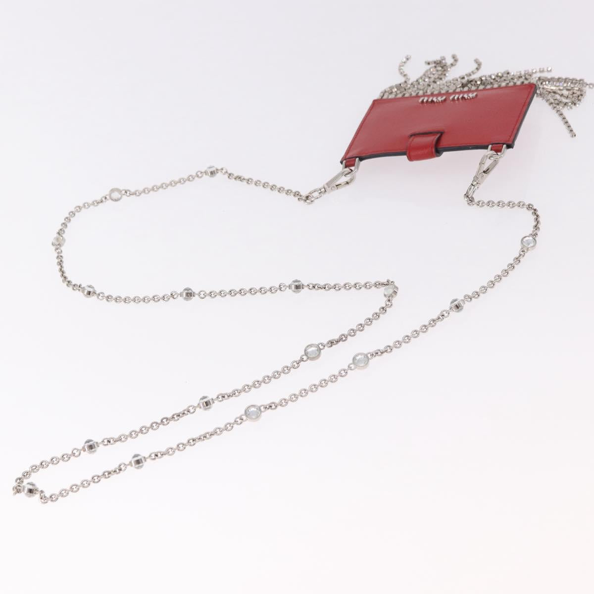 Miu Miu Chain Shoulder Card Case Leather Red Silver Auth 182957SM