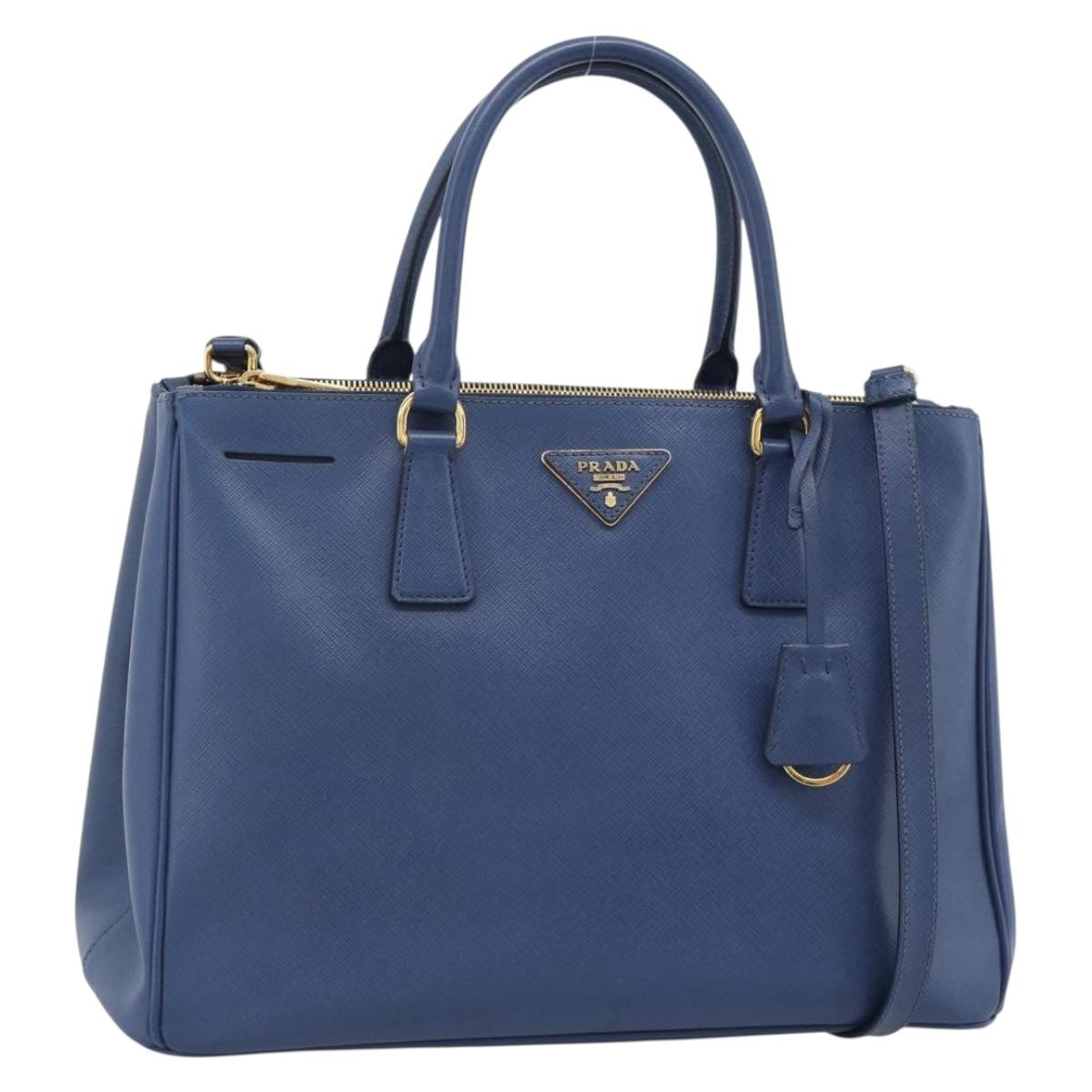 PRADA Galleria Hand Bag Safiano leather 2way Blue Gold Auth 182959A