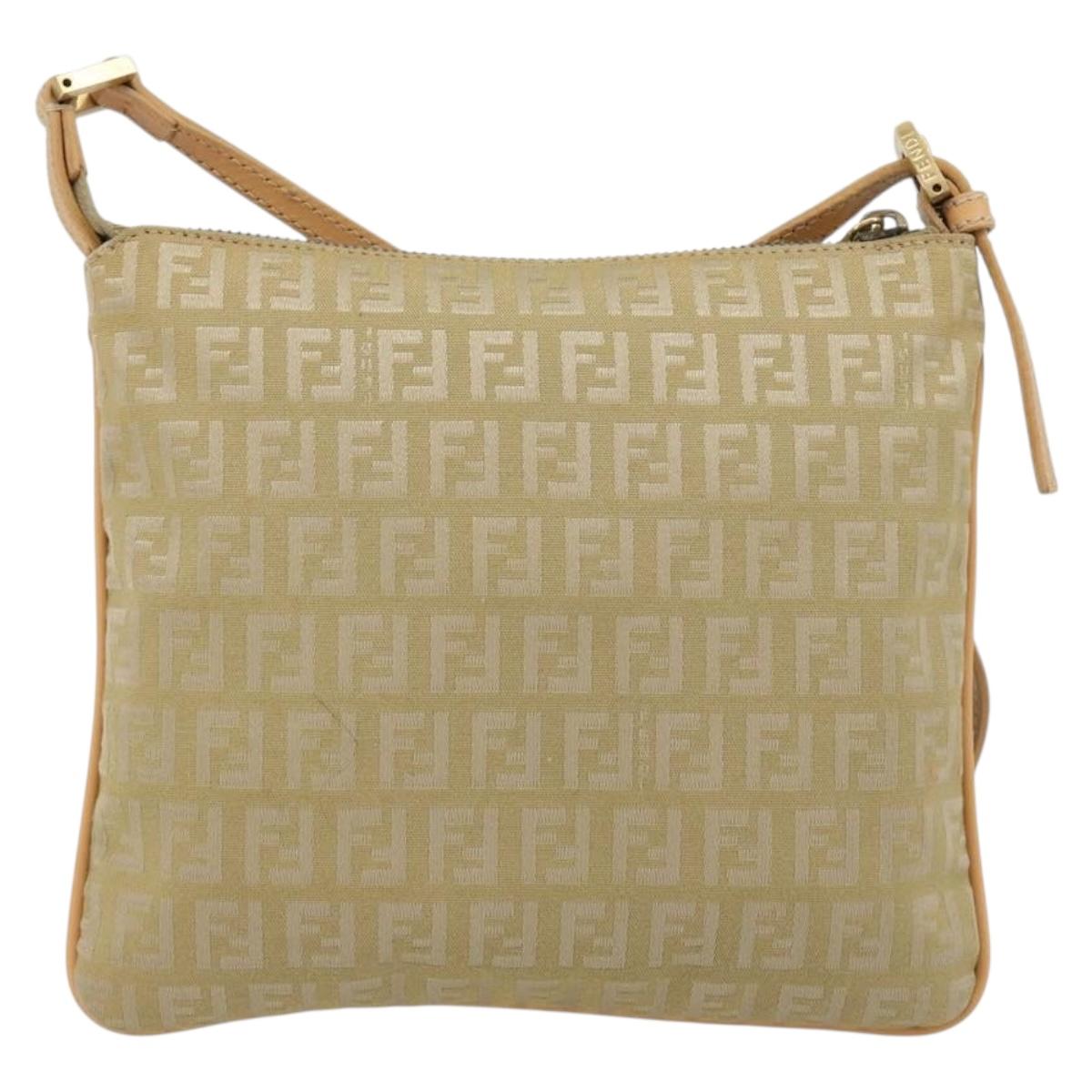 FENDI Zucchino Canvas Shoulder Bag Beige Gold Auth 182966A