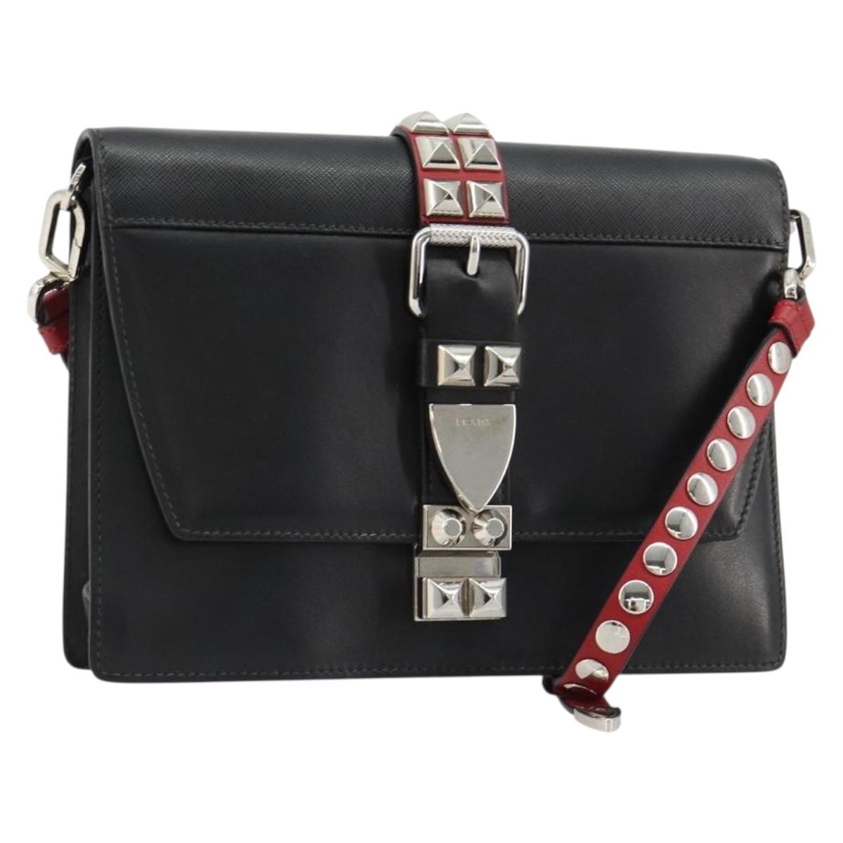 PRADA Electra Studs Shoulder Bag Leather Black Silver Auth 182970V