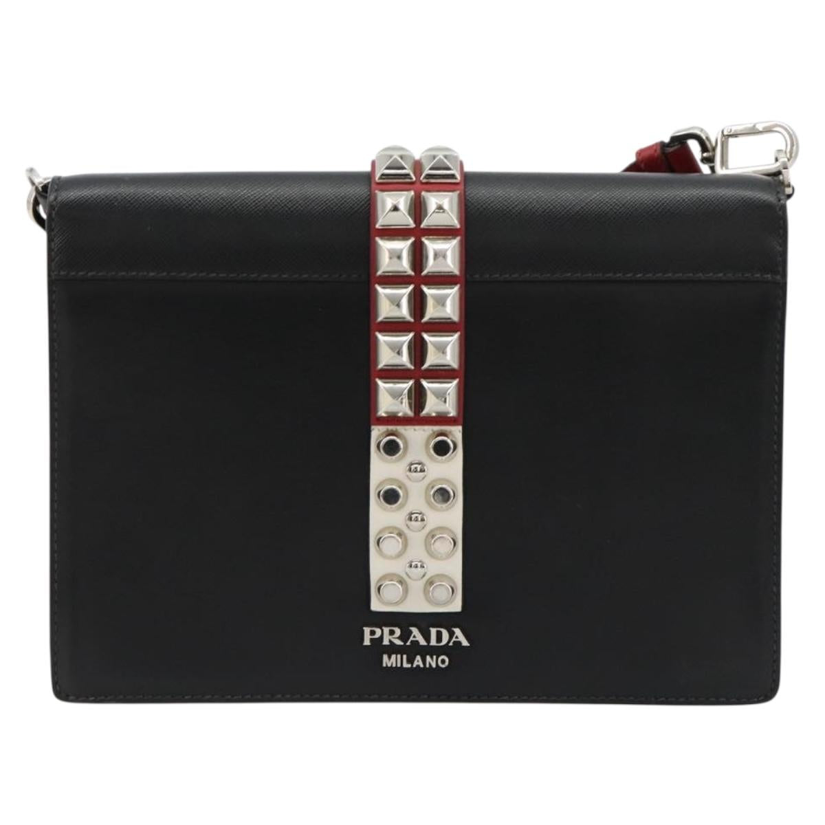 PRADA Electra Studs Shoulder Bag Leather Black Silver Auth 182970V