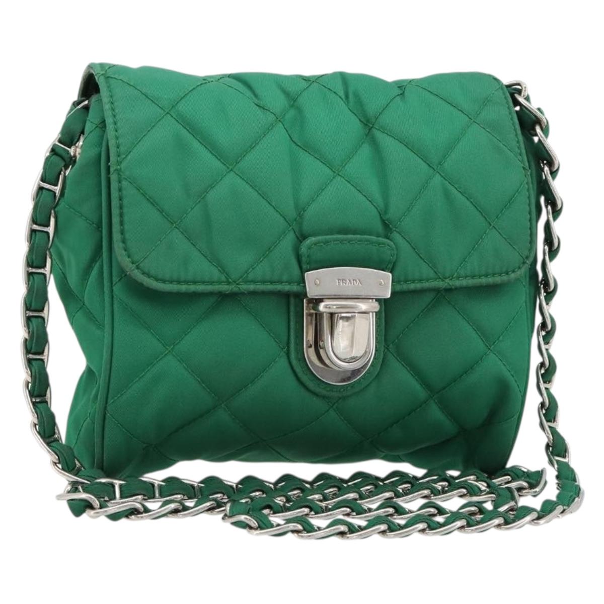 PRADA Chain Shoulder Bag Nylon Green Silver Auth 182973A
